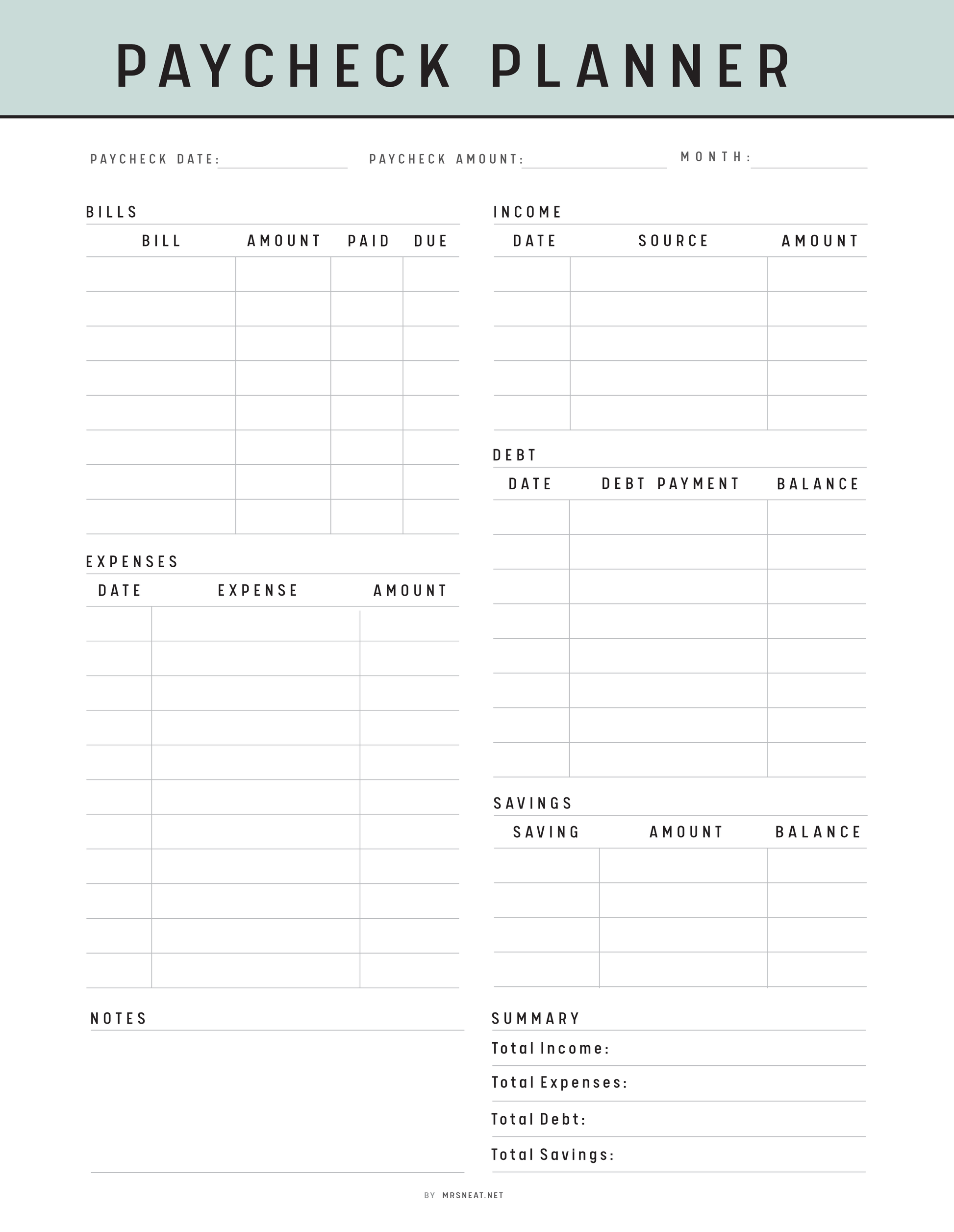 Paycheck Budget Template Printable, A4, A5, Letter, Half Letter, 5 color options included, Green, Peach, Blue, Pink, Minimalist Budget Planner Template, Digital Planner