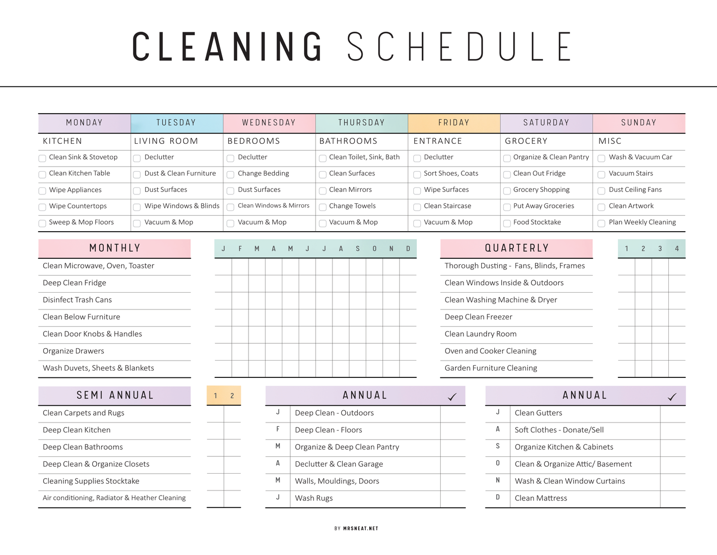 Cleaning schedule with weekly, monthly, quarterly, and annual tasks listed.