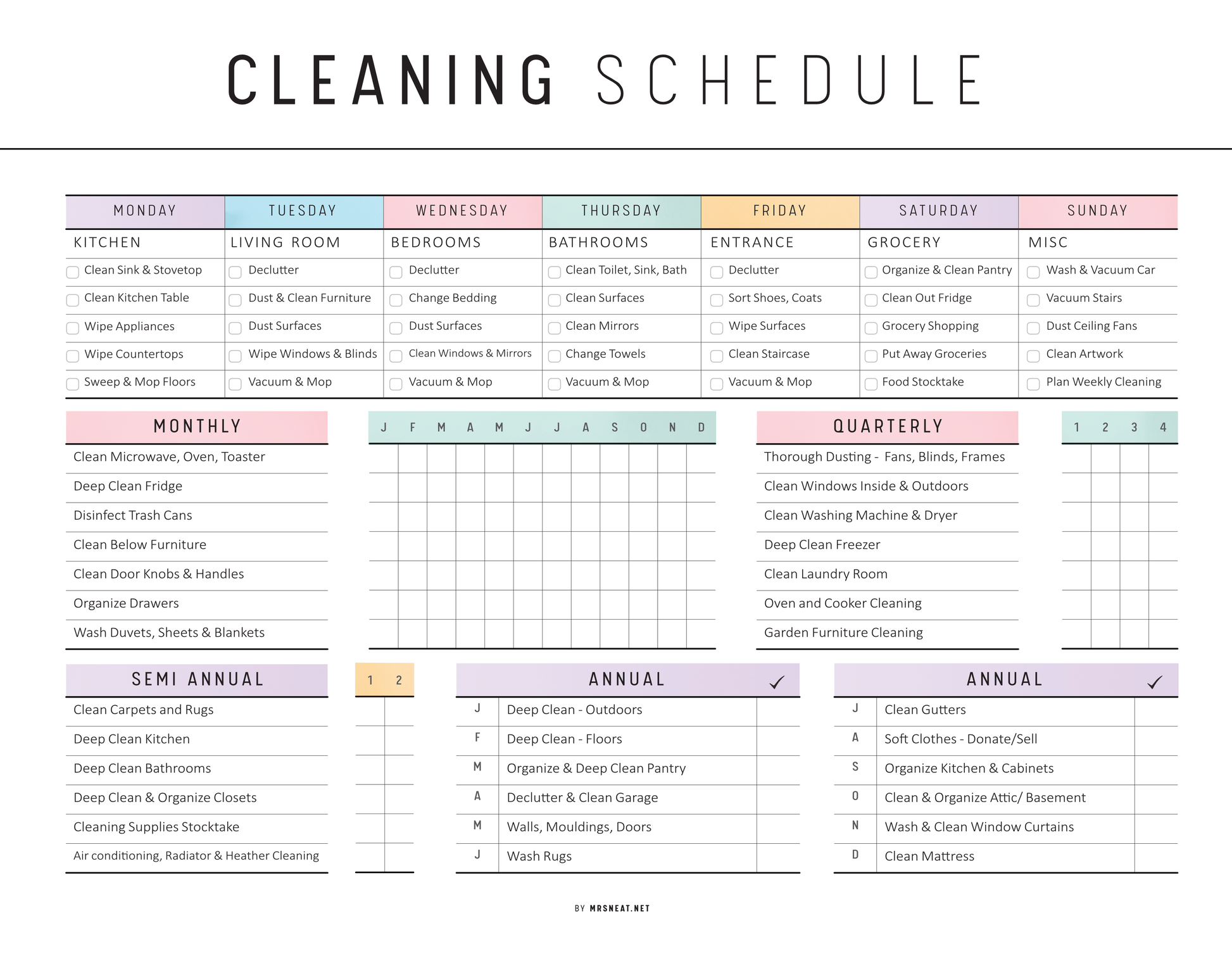 Cleaning schedule with weekly, monthly, quarterly, and annual tasks listed.
