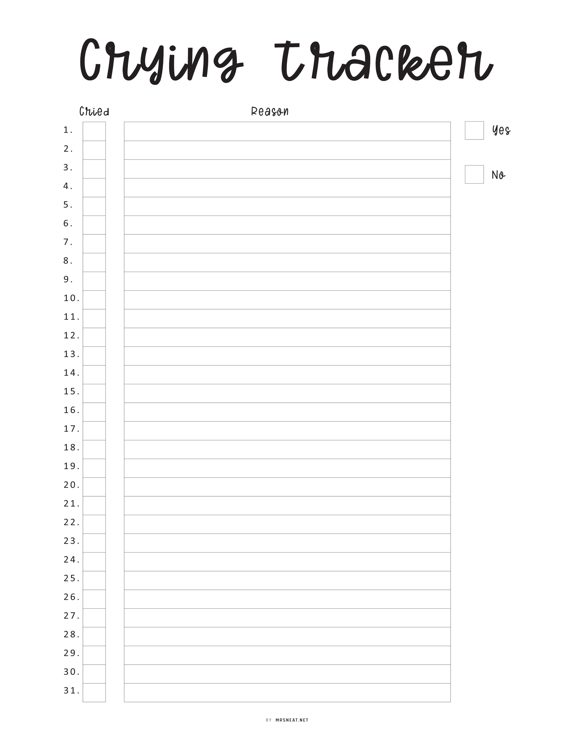 Monthly Crying Tracker Template, Crying Log Tracker, Mood Tracker, Feelings Tracker, Emotions Tracker, Sad Tracker, PDF, A4, A5, Letter, Half Letter