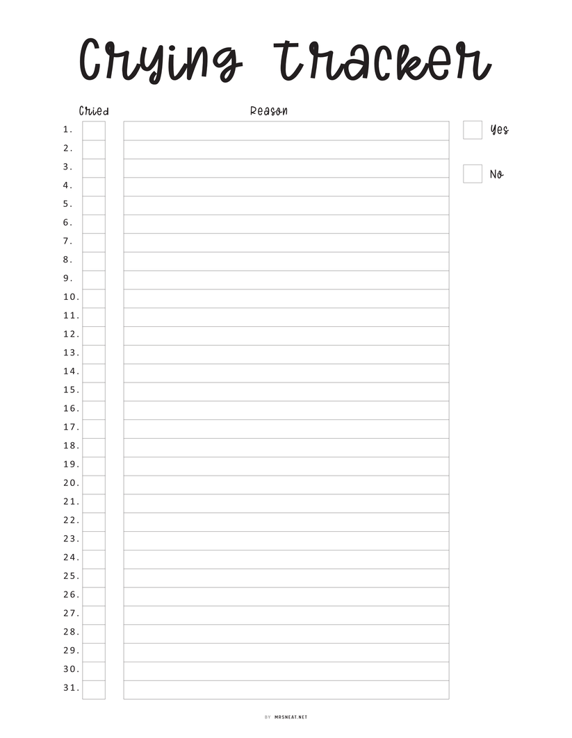 Monthly Crying Tracker Template - M415 – mrsneat