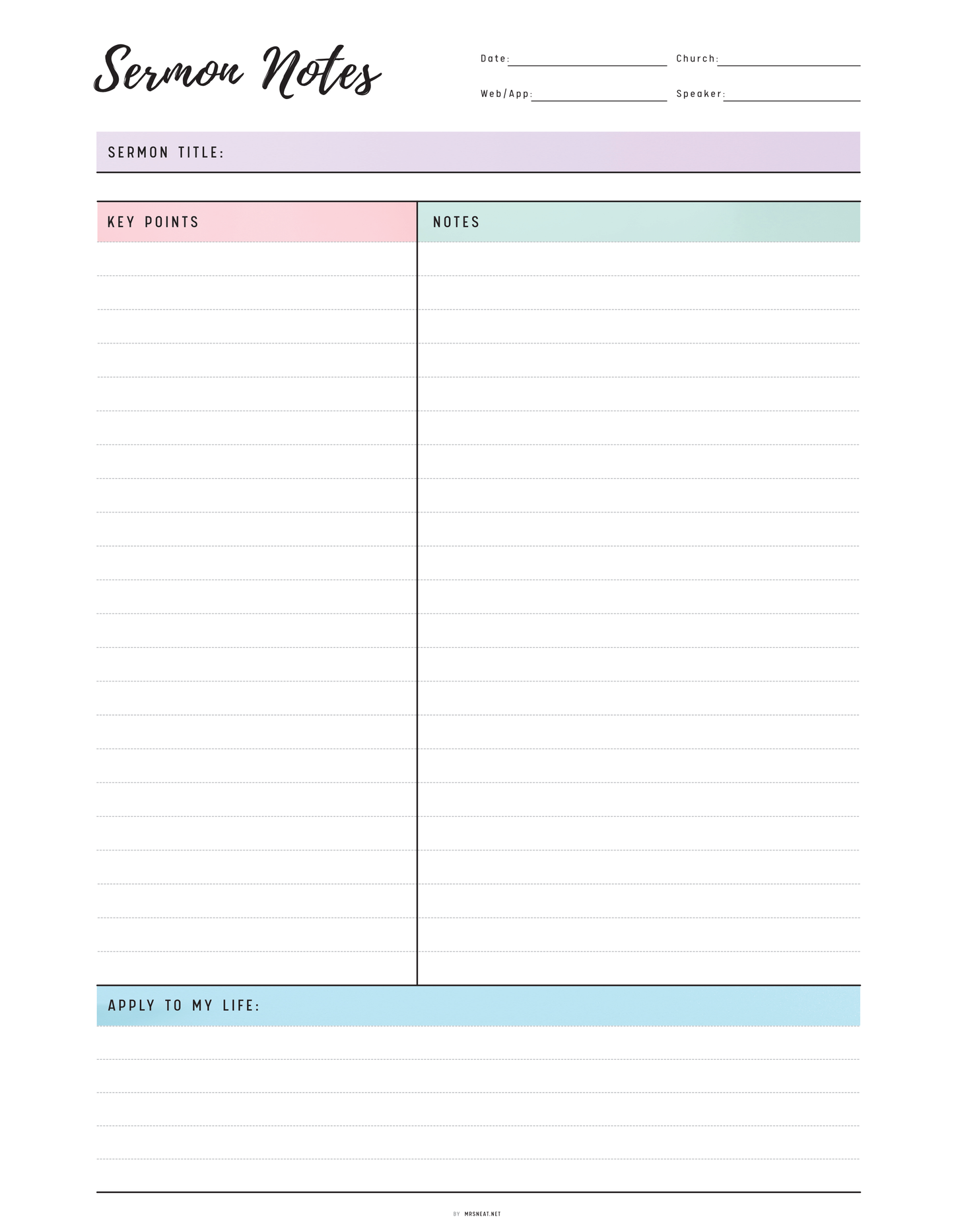 Sermon notes template with pastel color scheme on a white background