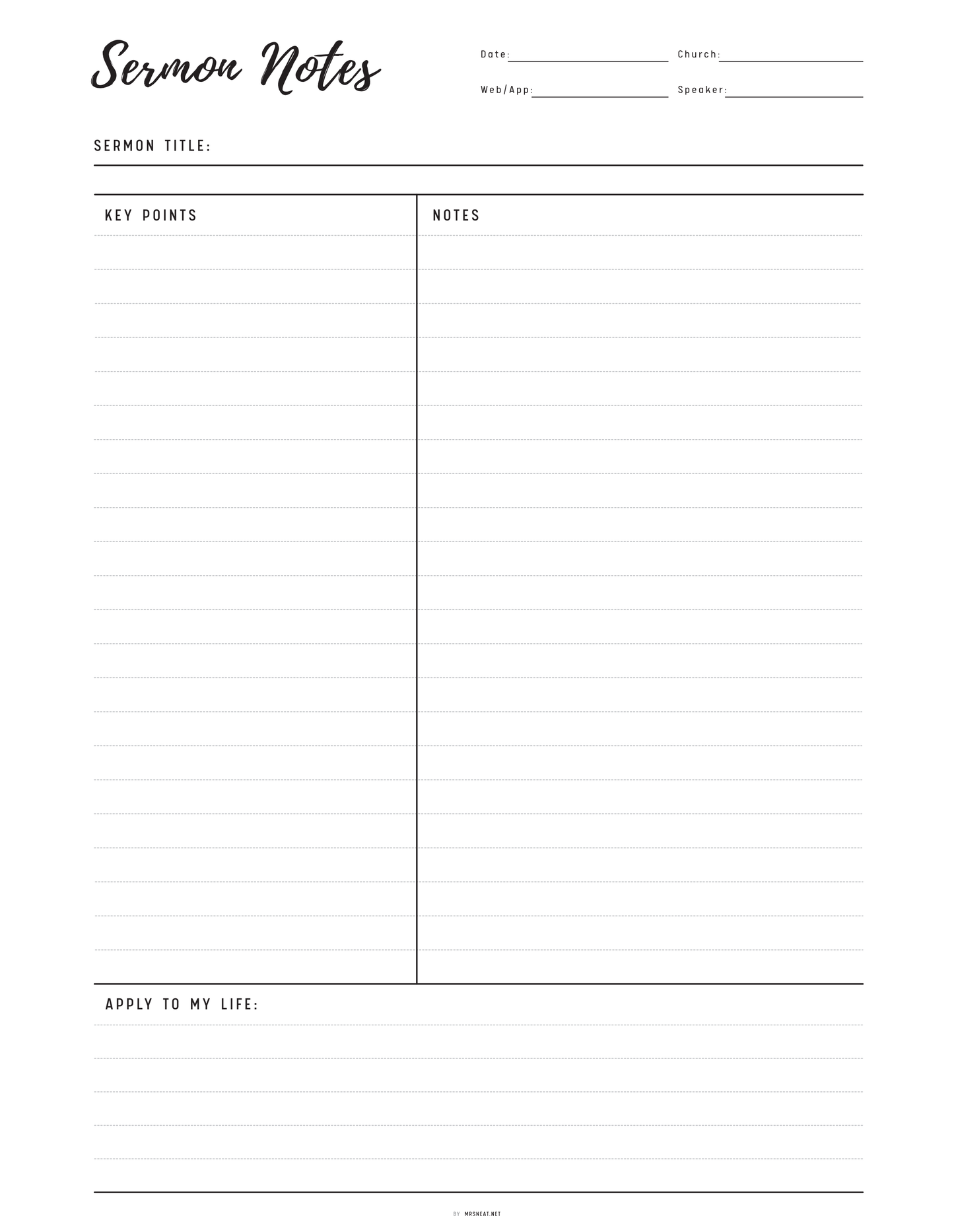 Sermon notes template with sections for sermon title, key points, notes, and 'Apply to my life' section.