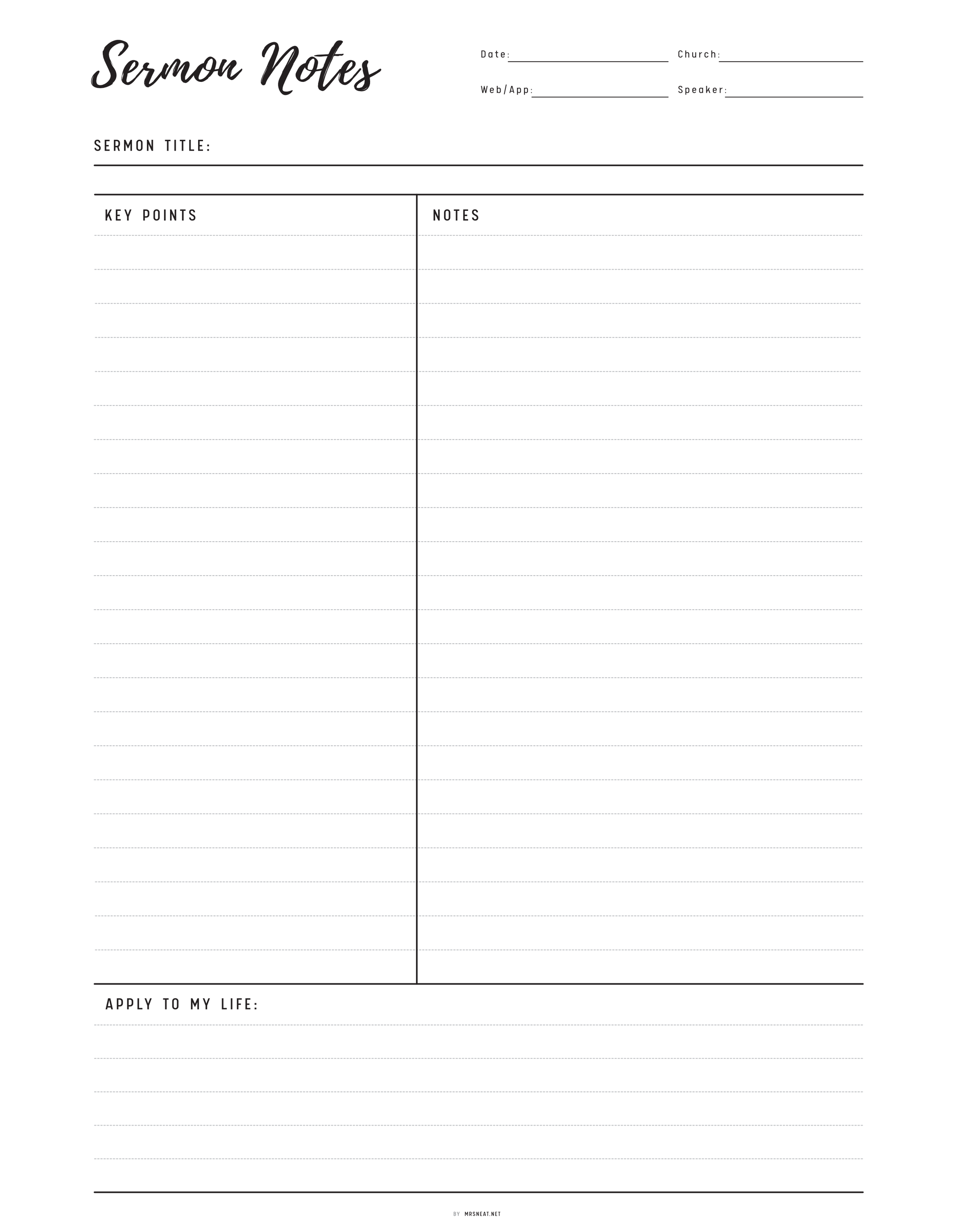 Sermon notes template with sections for sermon title, key points, notes, and 'Apply to my life' section.