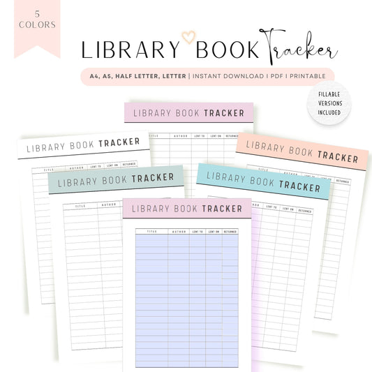 Library Book Tracker Printable, Digital Book Planner, Printable Inserts, A4, A5, Letter, Half Letter, Fillable Book Planner, Beautiful and colorful book planner, 5 color options