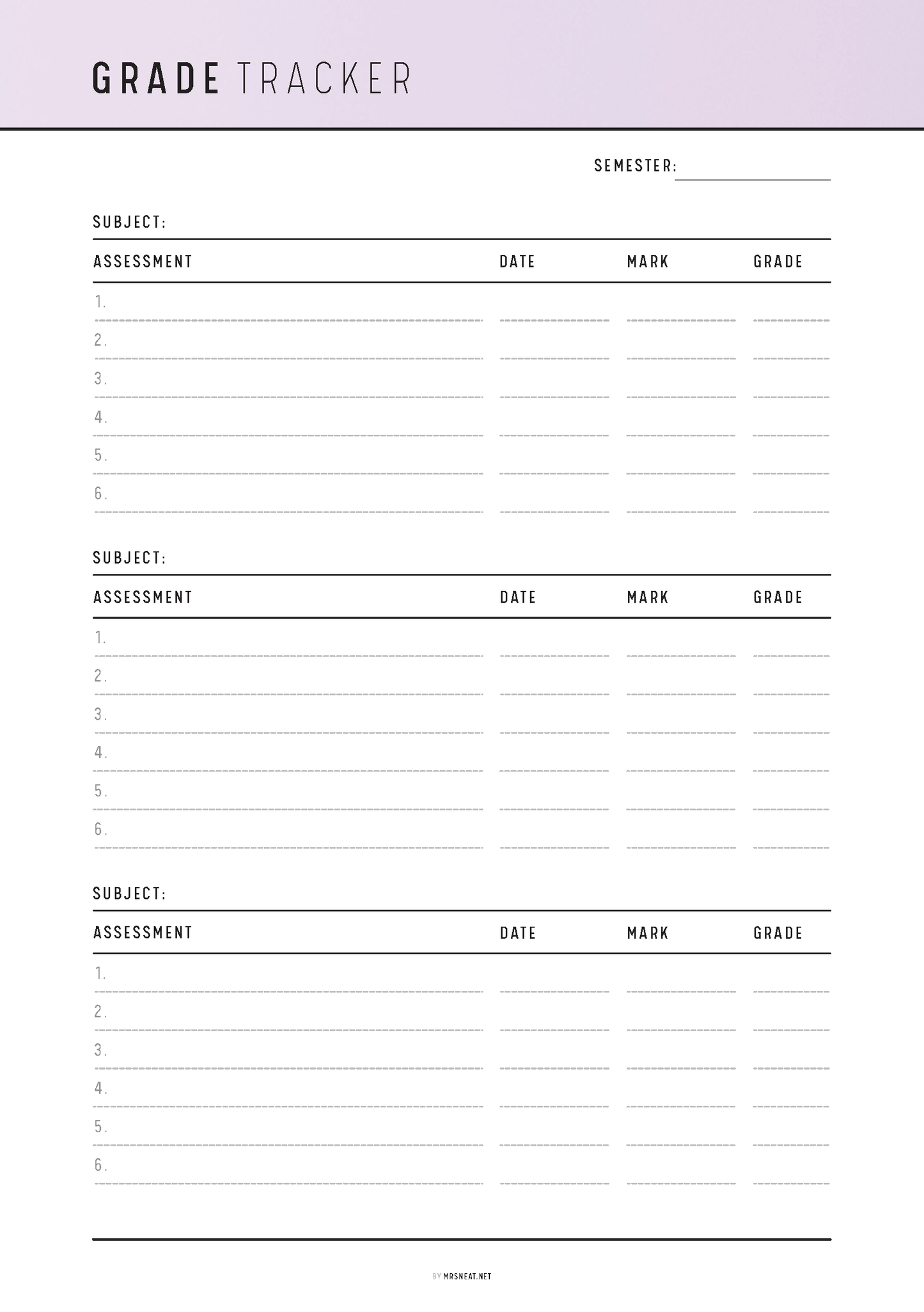 Grade tracker sheet with columns for subject, assessment, date, mark, and grade on a white background.