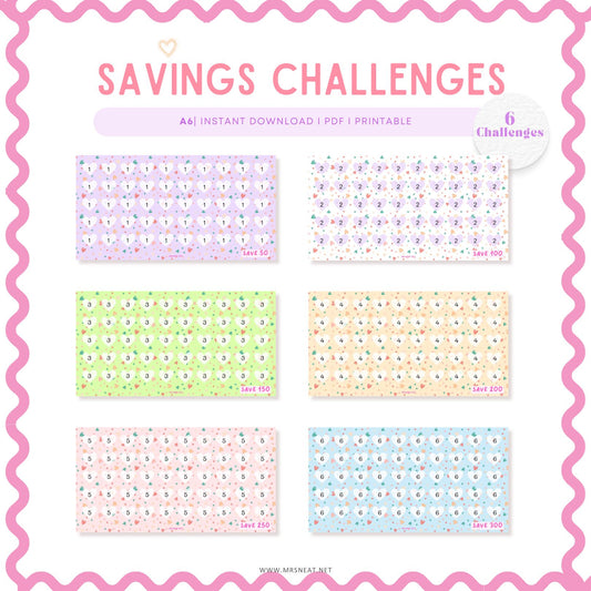 6 Love Mini Savings Challenge, A6 size, 6 Challenges, Colorful, Love theme