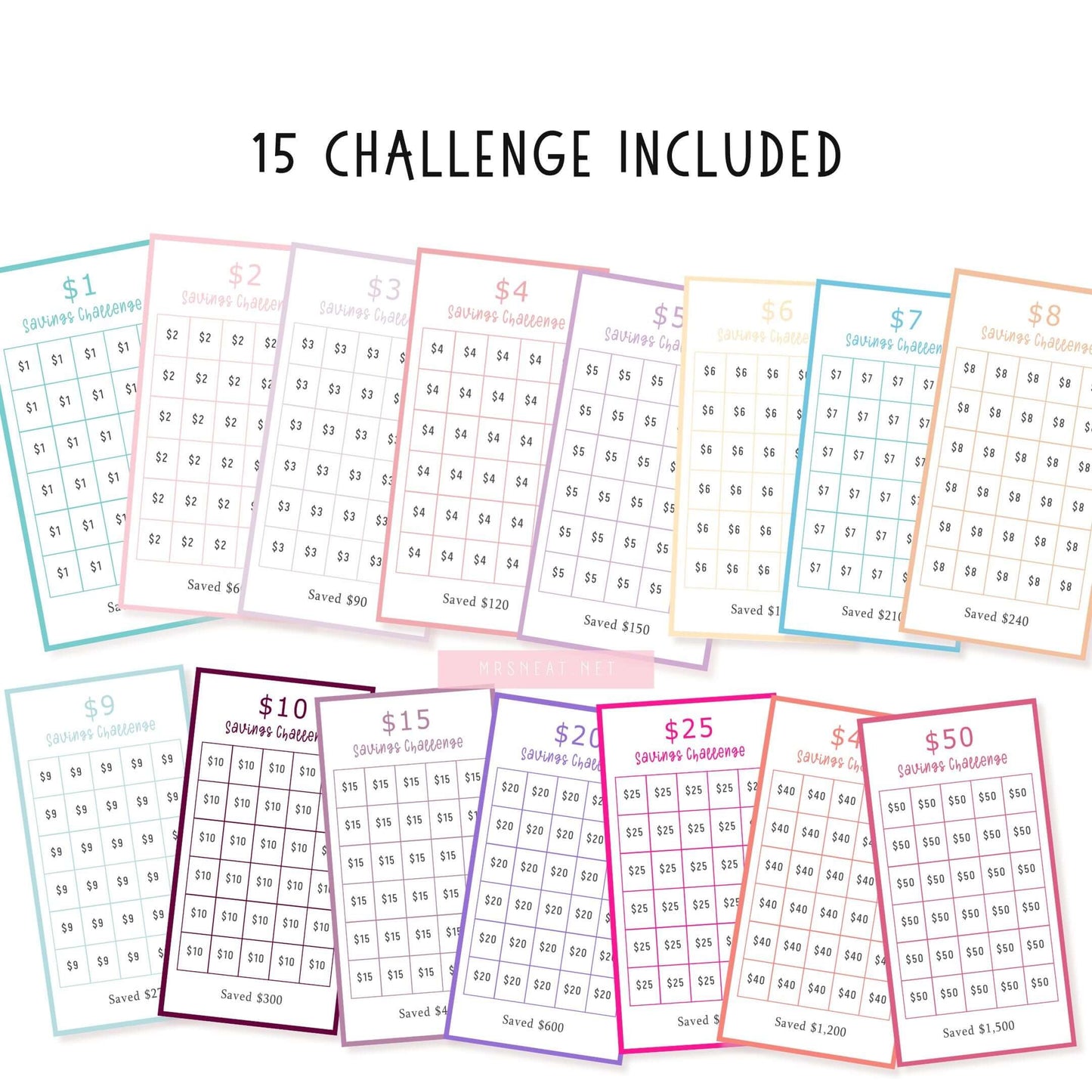 A6 Low Income Mini Savings Challenge Printable, 15 versions, Colorful