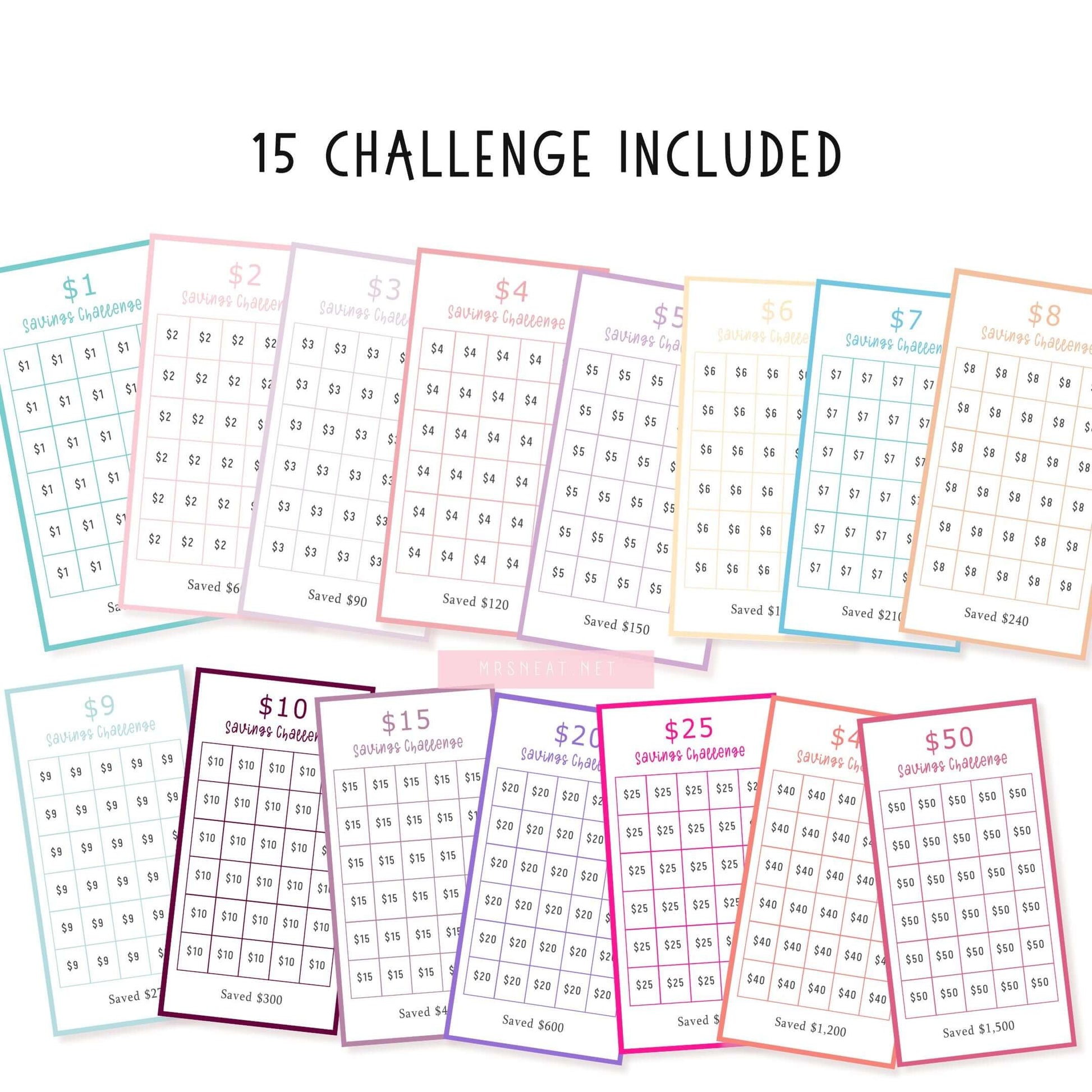 A6 Low Income Mini Savings Challenge Printable, 15 versions, Colorful