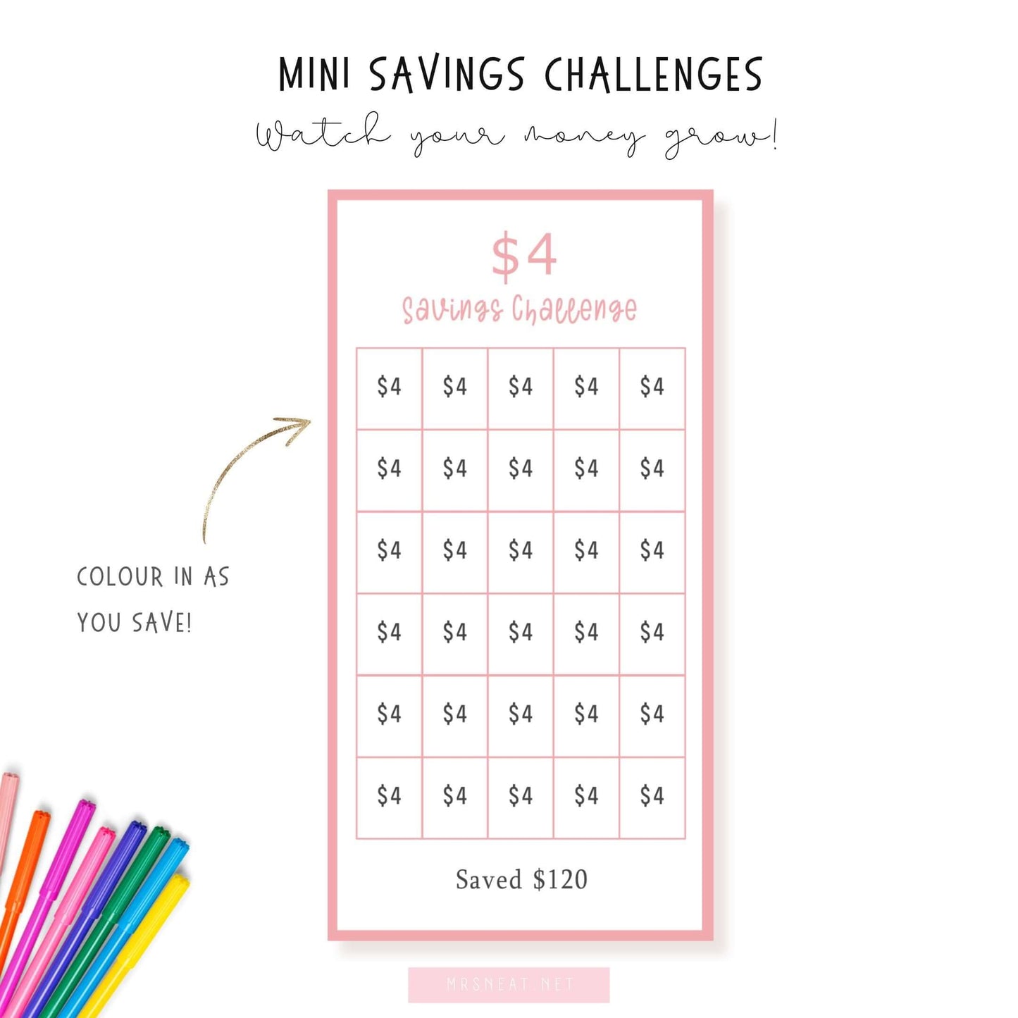 Pink A6 Low Income Mini Savings Challenge Printable, 15 versions, Colorful