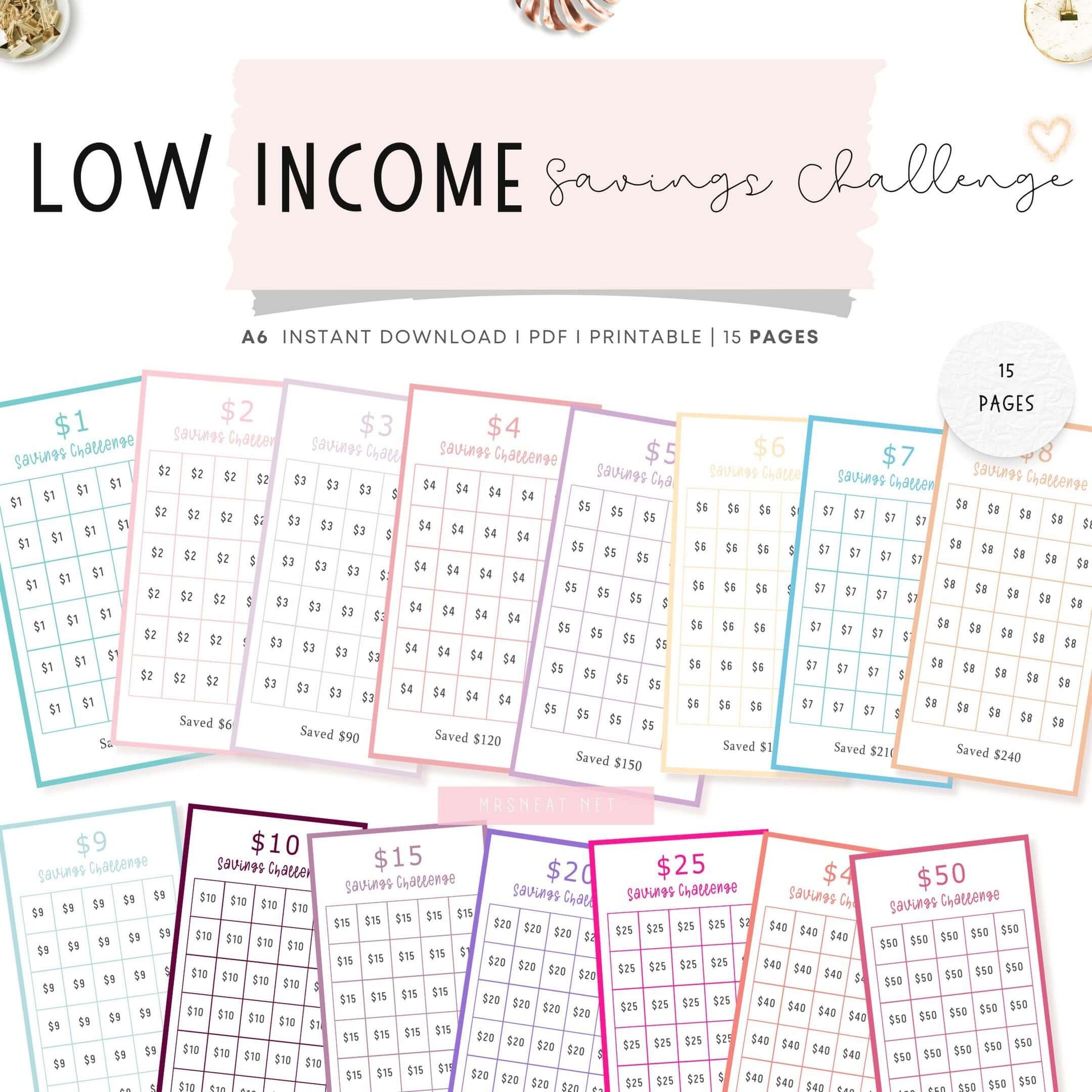 A6 Low Income Mini Savings Challenge Printable, 15 versions, Colorful