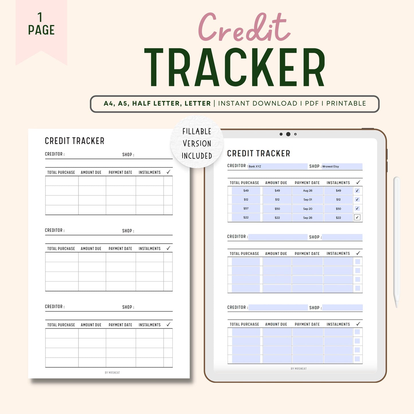 Fillable Credit Tracker Template, Afterpay, Klarna, Paypal Tracker Printable Planner, Credit Card Tracker, A4/A5/Letter/Half Letter, PDF