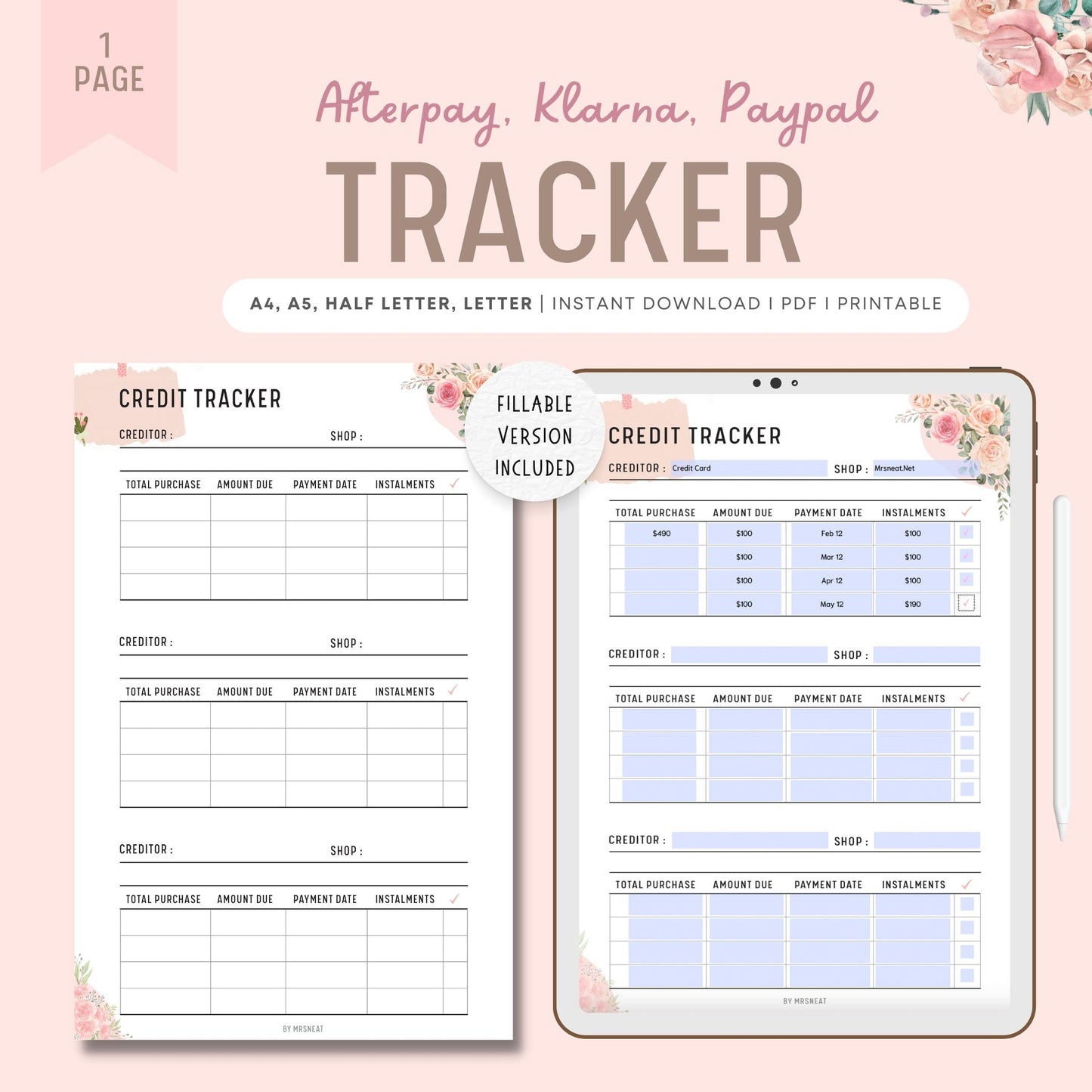 Floral Fillable Credit Tracker, Afterpay, Klarna, Paypal Tracker Printable Planner, Buy Now Pay Later Template, Budget Plan, PDF, A4, A5, Letter, Half Letter, Digital Planer, Fillable PDF