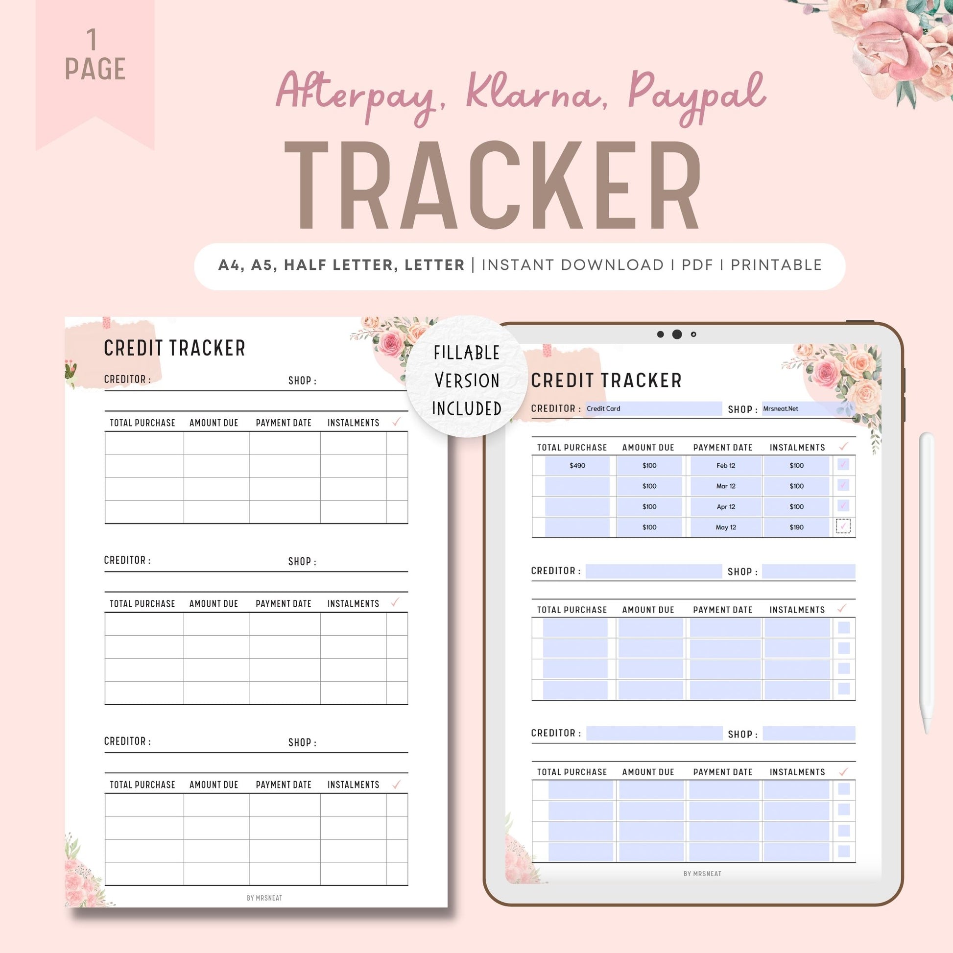 Floral Fillable Credit Tracker, Afterpay, Klarna, Paypal Tracker Printable Planner, Buy Now Pay Later Template, Budget Plan, PDF, A4, A5, Letter, Half Letter, Digital Planer, Fillable PDF