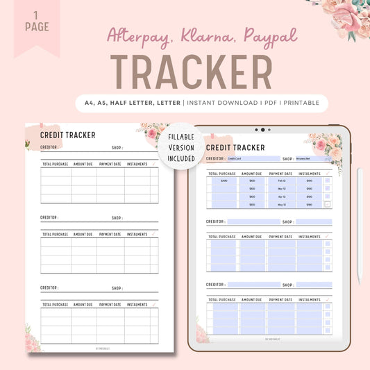 Floral Fillable Credit Tracker, Afterpay, Klarna, Paypal Tracker Printable Planner, Buy Now Pay Later Template, Budget Plan, PDF, A4, A5, Letter, Half Letter, Digital Planer, Fillable PDF