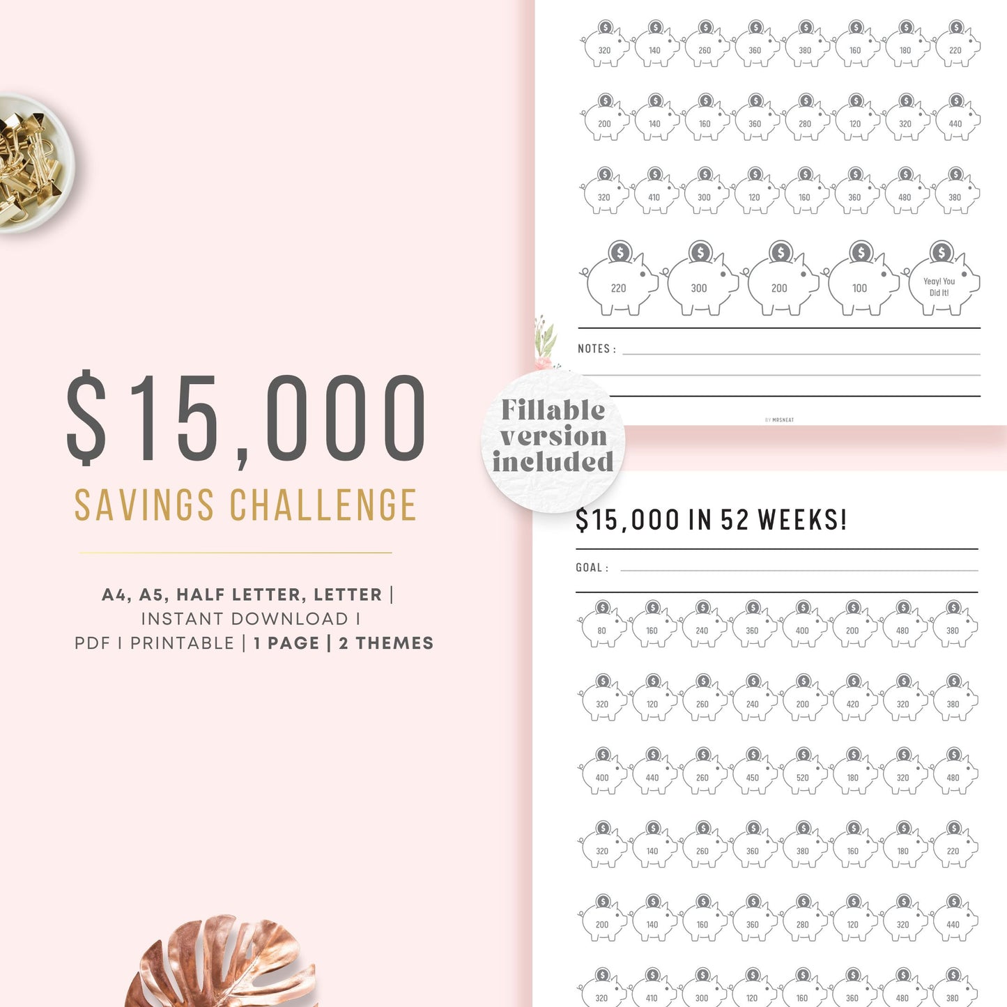 15K Saving Challenge Printable, 52 Week Savings Challenge, Saving Tracker, Budget Tracker, Save 15K Challenge, A4, A5, Letter, Half Letter