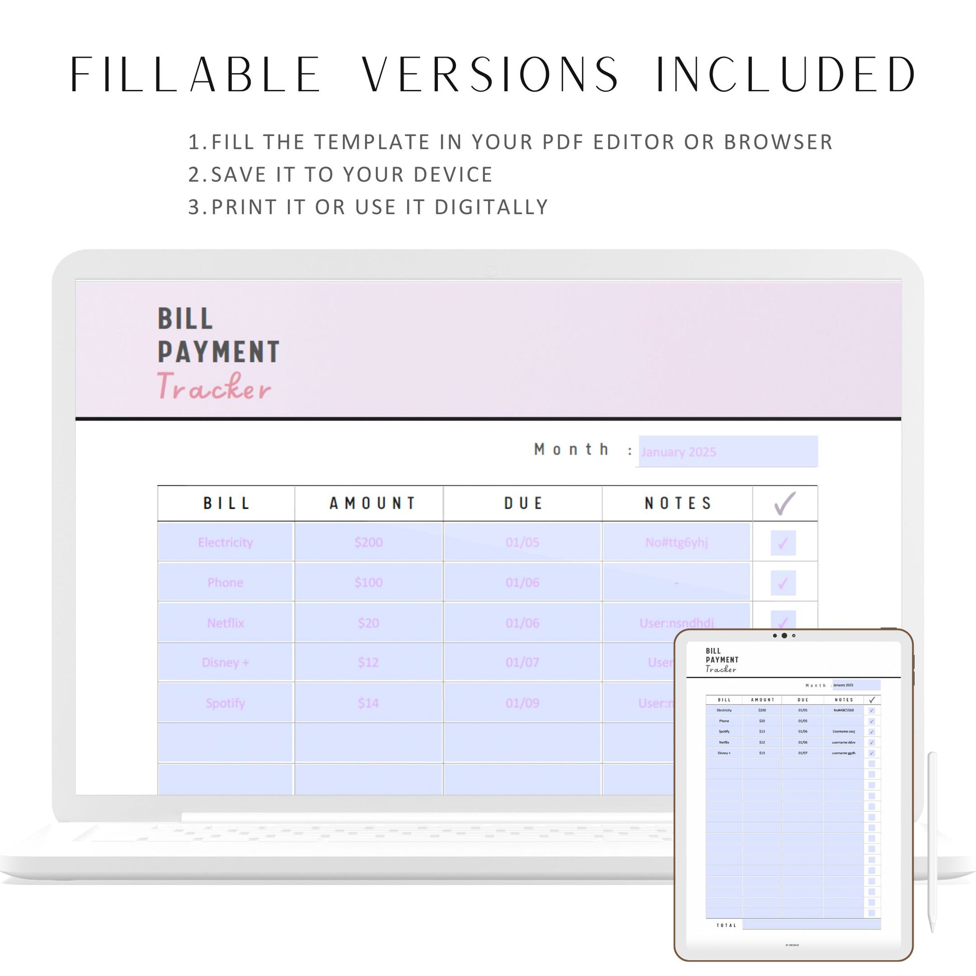 Bill Payment Tracker Printable, Spending Tracker Sheet, Fillable Bill Tracker Template, PDF, A4, A5, US Letter, Digital Planner, Printable Planner, Fillable PDF, 3 colors