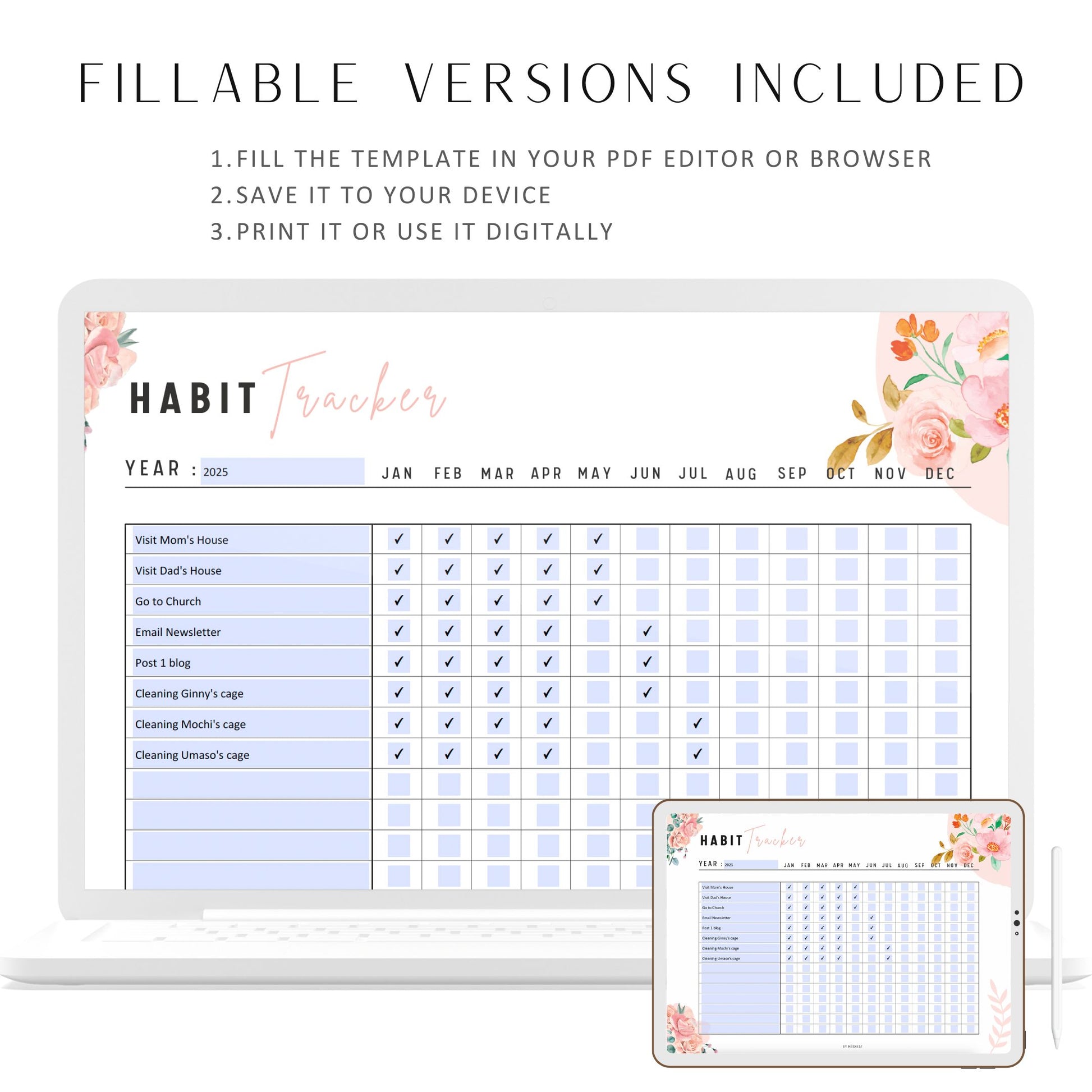 Yearly Habit Tracker Printable, Fillable Yearly Habit Trackers, Habit Journal, Habit Challenge, Yearly Challenge, PDF, A4, US Letter, Pink Floral Theme, Digital Planner, Fillable PDF, Printable Planner