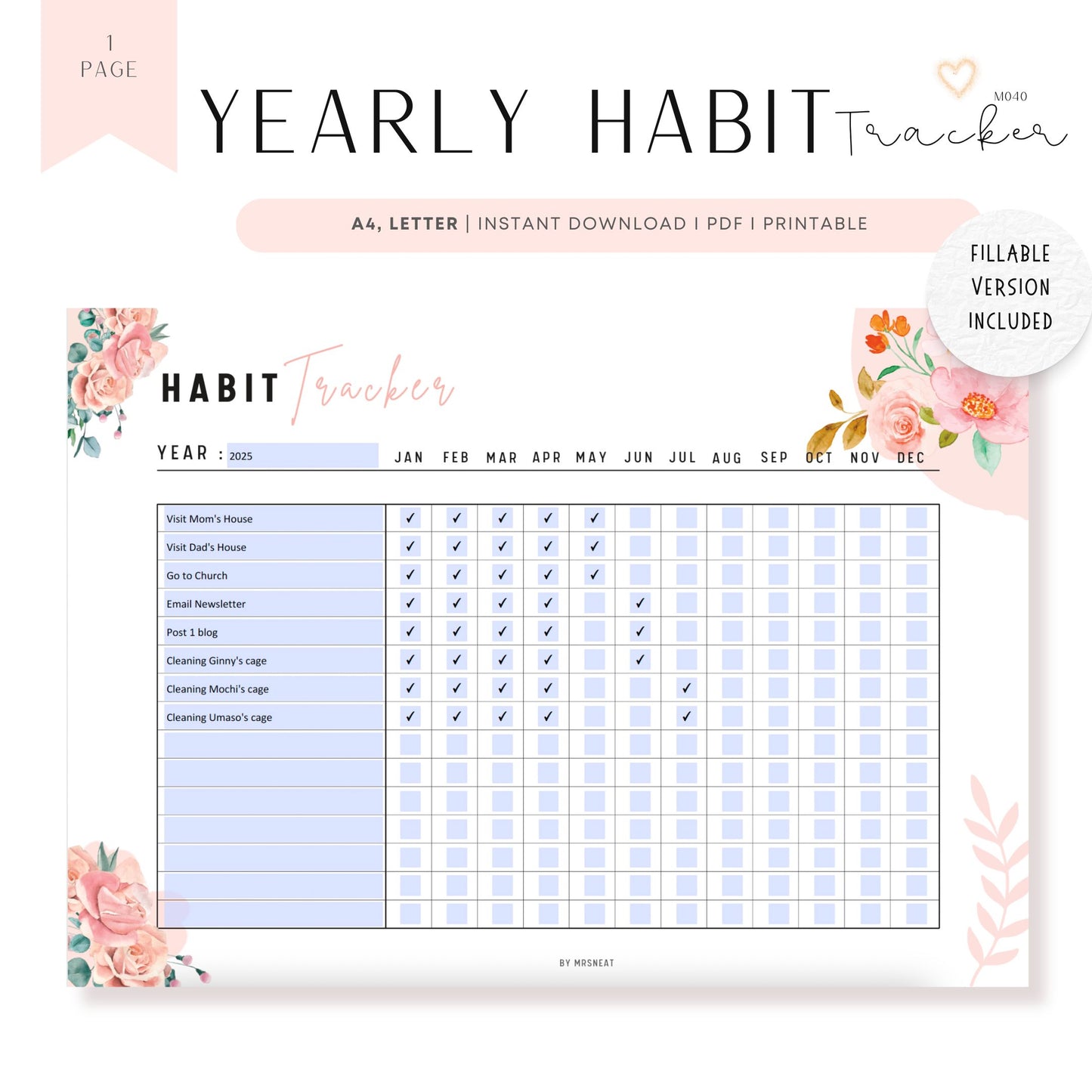 Yearly Habit Tracker Printable, Fillable Yearly Habit Trackers, Habit Journal, Habit Challenge, Yearly Challenge, PDF, A4, US Letter, Digital Planner, Printable Planner