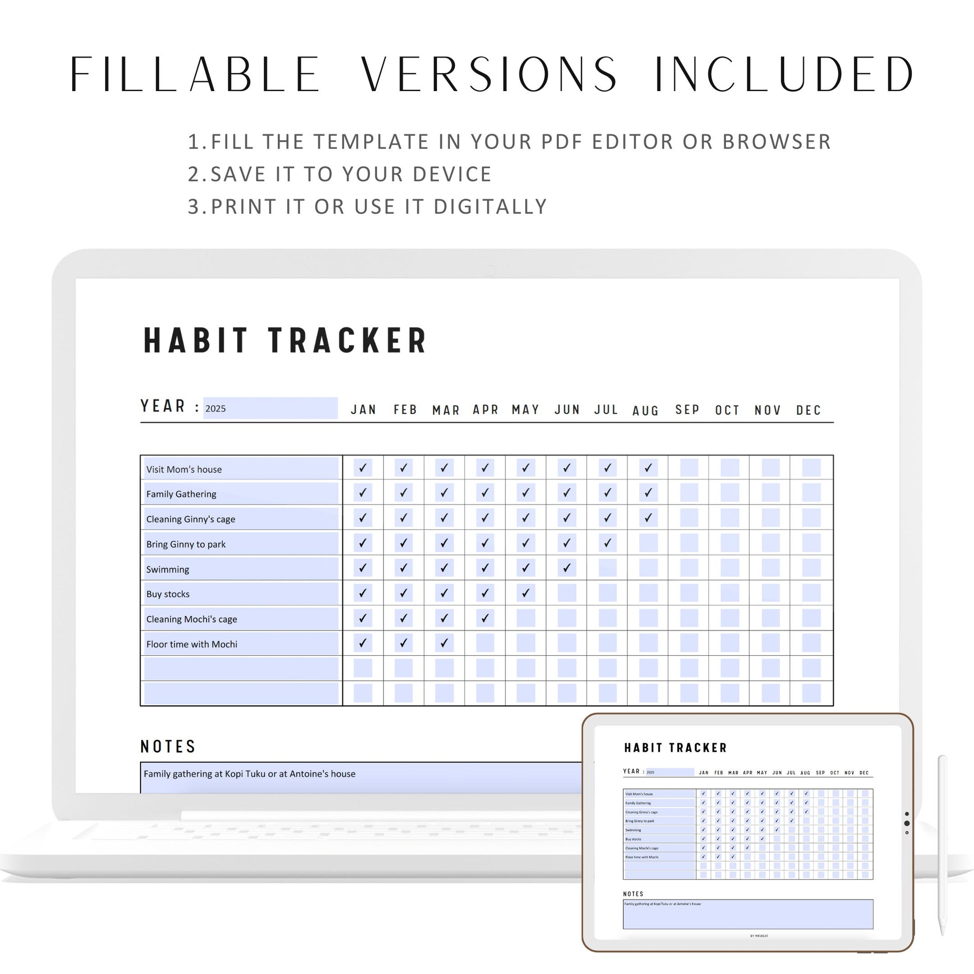 Fillable Yearly Habit Tracker Printable, Yearly Habit Planner Landscape, Routine Checklist, Habit Challenge, Habit Calendar, A4, US Letter