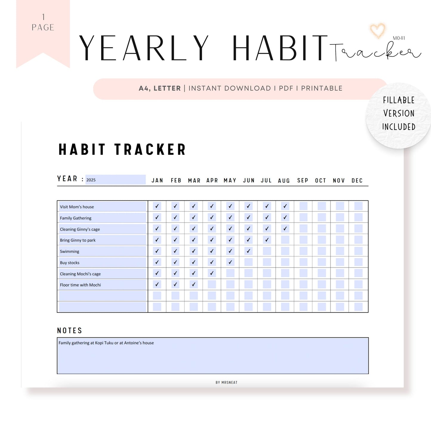 Fillable Yearly Habit Tracker Printable, Yearly Habit Planner Landscape, Routine Checklist, Habit Challenge, Habit Calendar, A4, US Letter, Digital Planner, Printable Planner