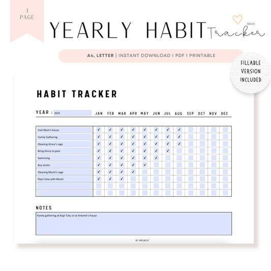 Fillable Yearly Habit Tracker Printable, Yearly Habit Planner Landscape, Routine Checklist, Habit Challenge, Habit Calendar, A4, US Letter, Digital Planner, Printable Planner