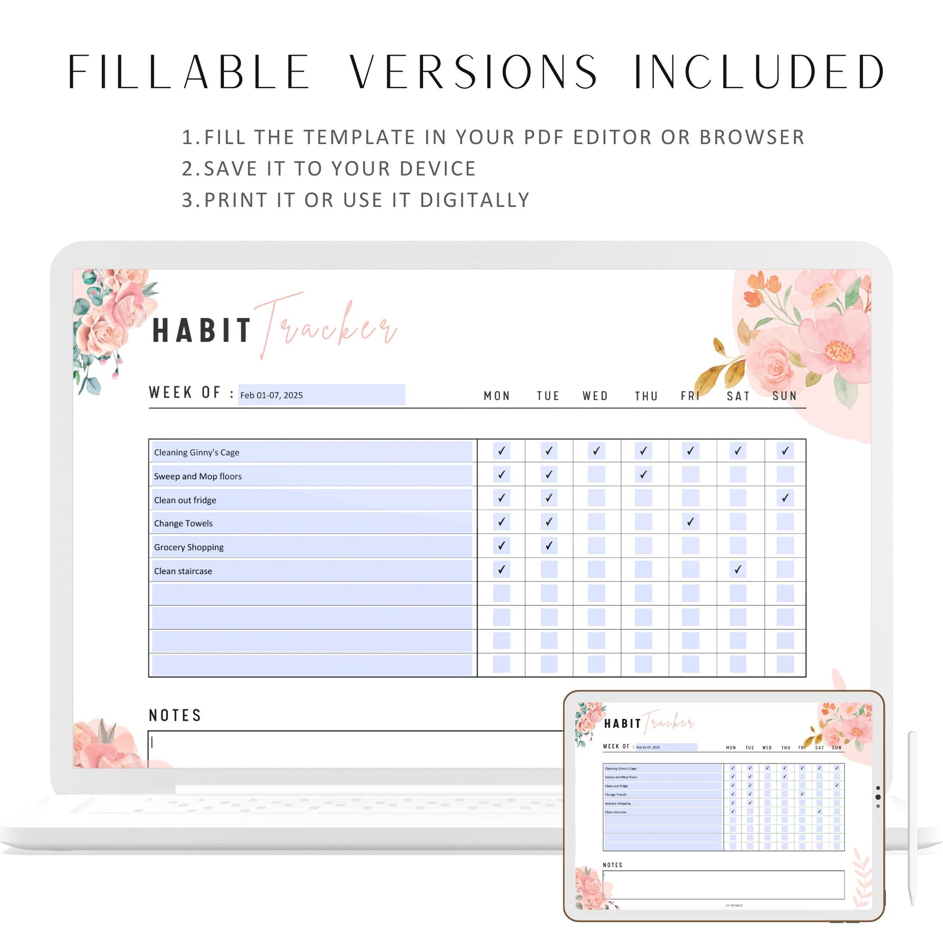 Weekly Habit Tracker Printable, Fillable Weekly Habit Planner, 7 Day Habit Challenge, Routine Tracker, Habit Tracker Template, A4, US Letter, Digital Planner, Fillable PDF, Printable Planner, Floral Theme