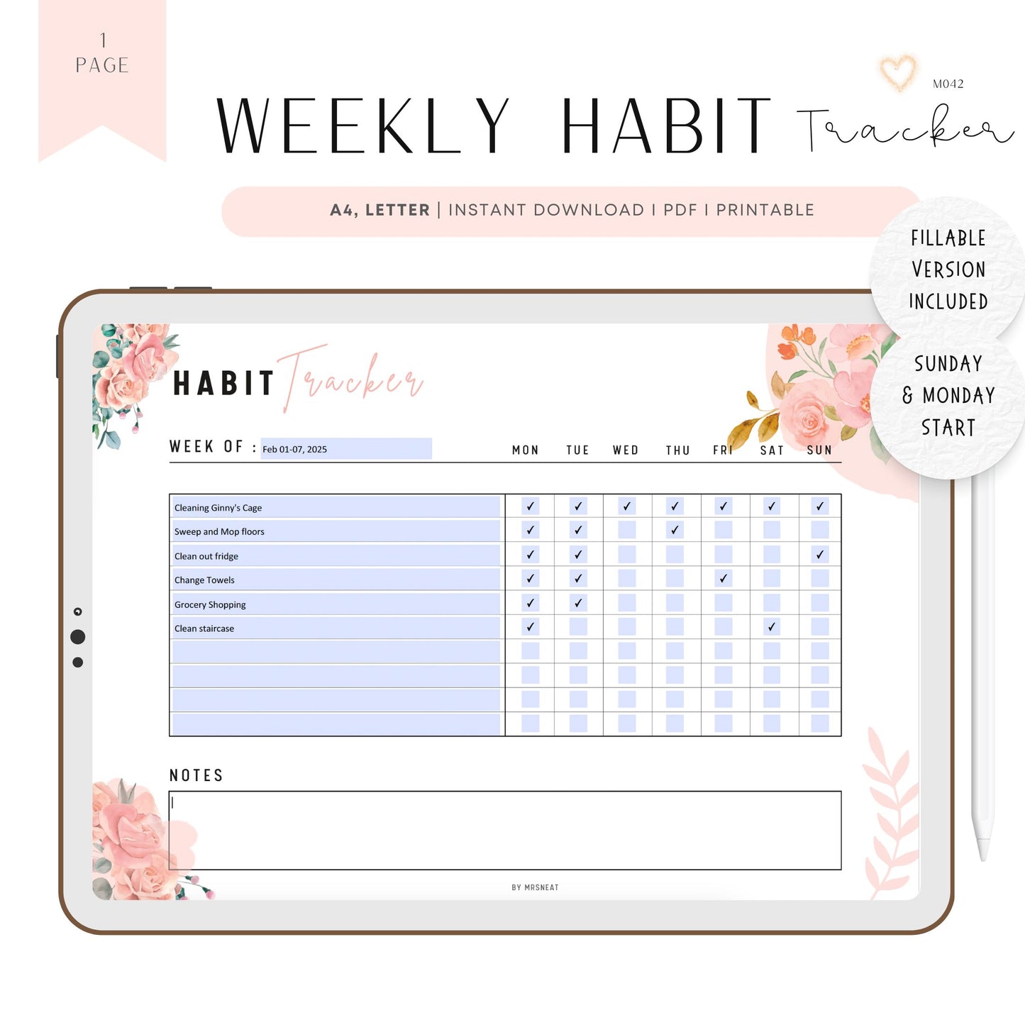 Weekly Habit Tracker Printable, Fillable Weekly Habit Planner, 7 Day Habit Challenge, Routine Tracker, Habit Tracker Template, A4, US Letter, Sunday and Monday start, Digital Planner, Printable Planner