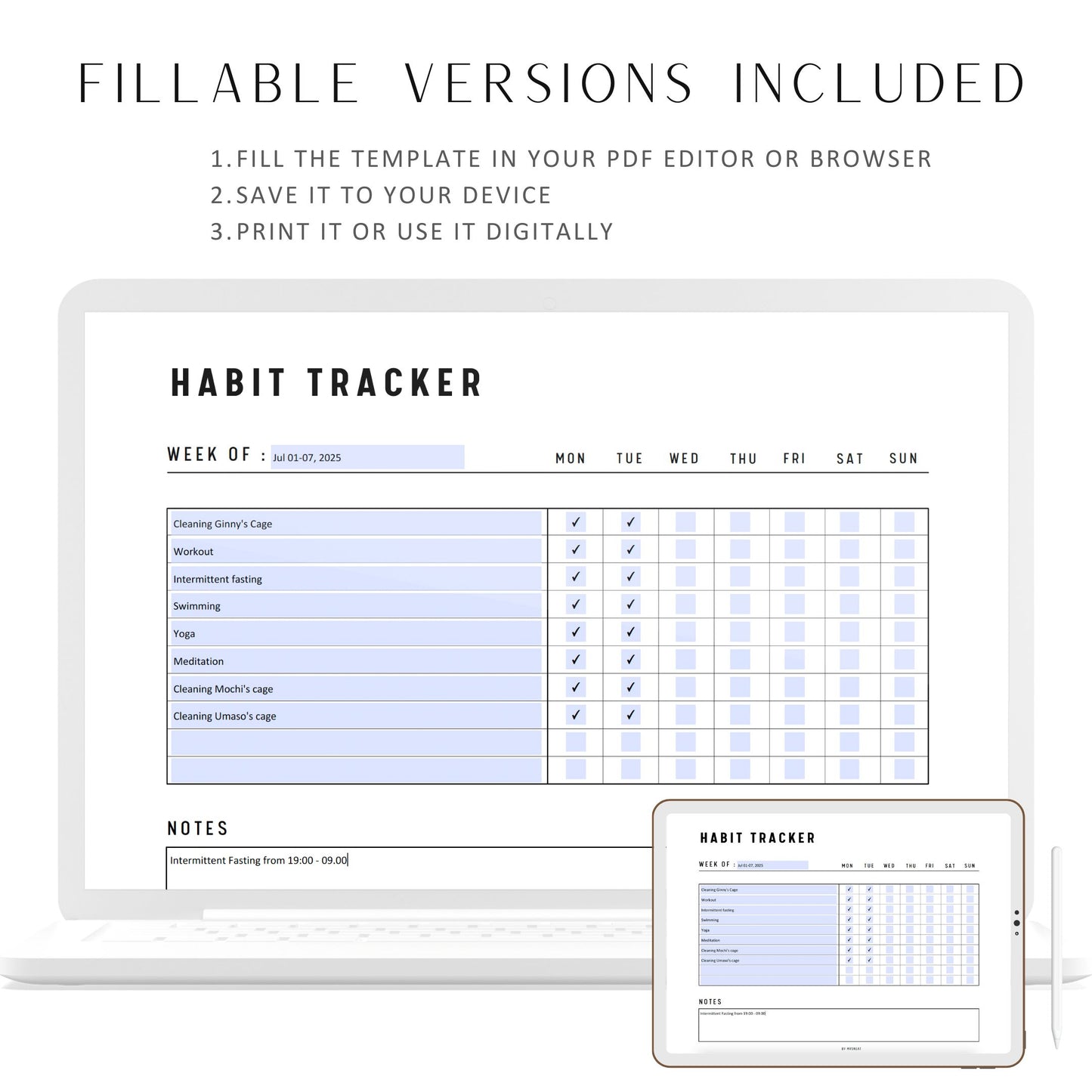 Weekly Habit Tracker Printable, Fillable Weekly Habit Planner, Routine Tracker, 7 Habit Challenge, Habit Checklist Template, A4, US Letter, Digital Planner, Fillable PDF, Printable Planner, Landscape, Sunday and Monday start