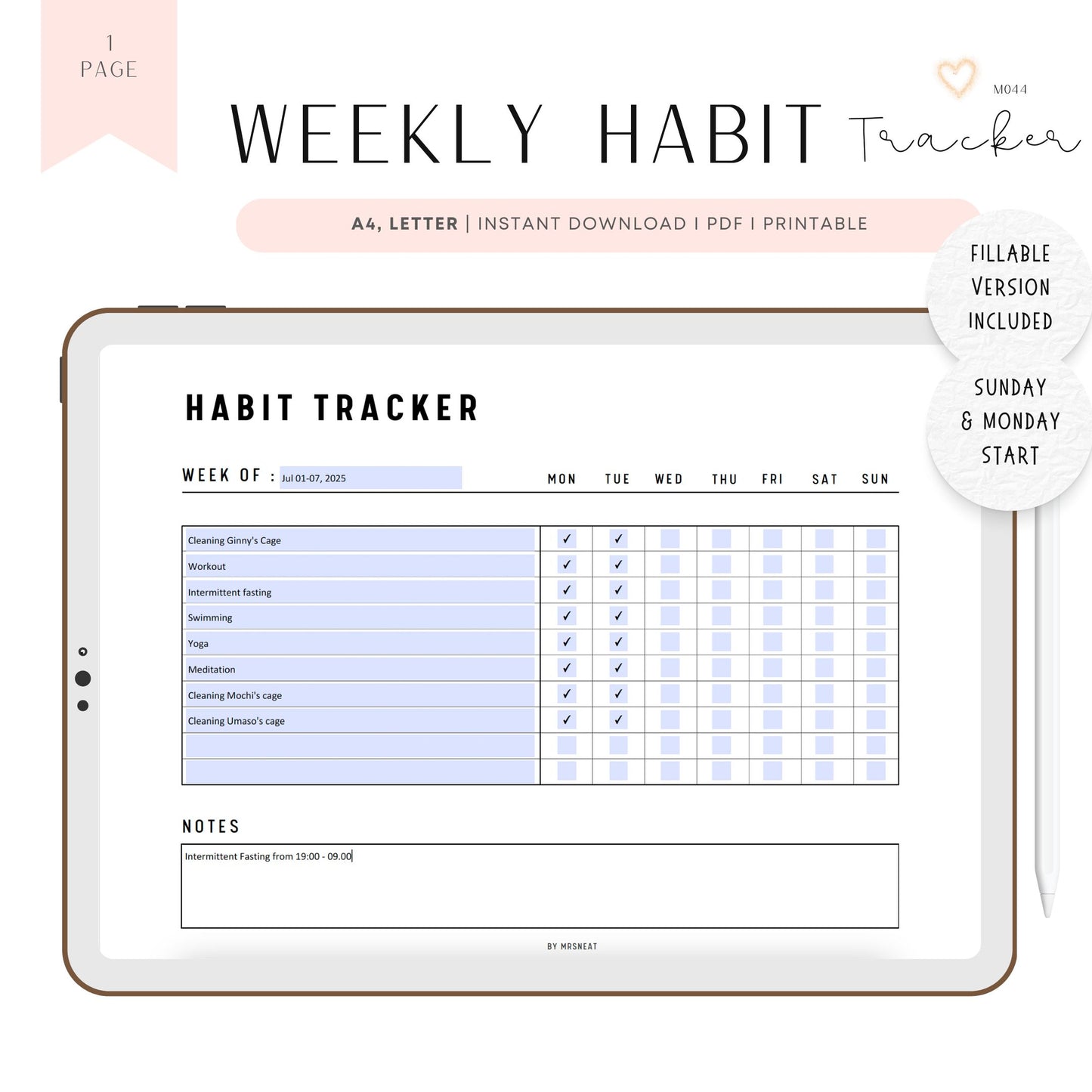 Monthly Habit Tracker Printable, Fillable Habit Tracker Landscape, Routine Tracker, Monthly Planner, PDF, Instant Download, A4, US Letter, Sunday and Monday start, Digital Planner, Printable Planner