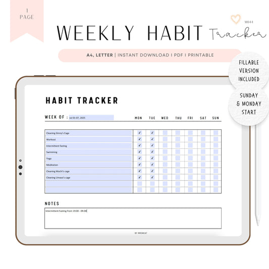 Monthly Habit Tracker Printable, Fillable Habit Tracker Landscape, Routine Tracker, Monthly Planner, PDF, Instant Download, A4, US Letter, Sunday and Monday start, Digital Planner, Printable Planner