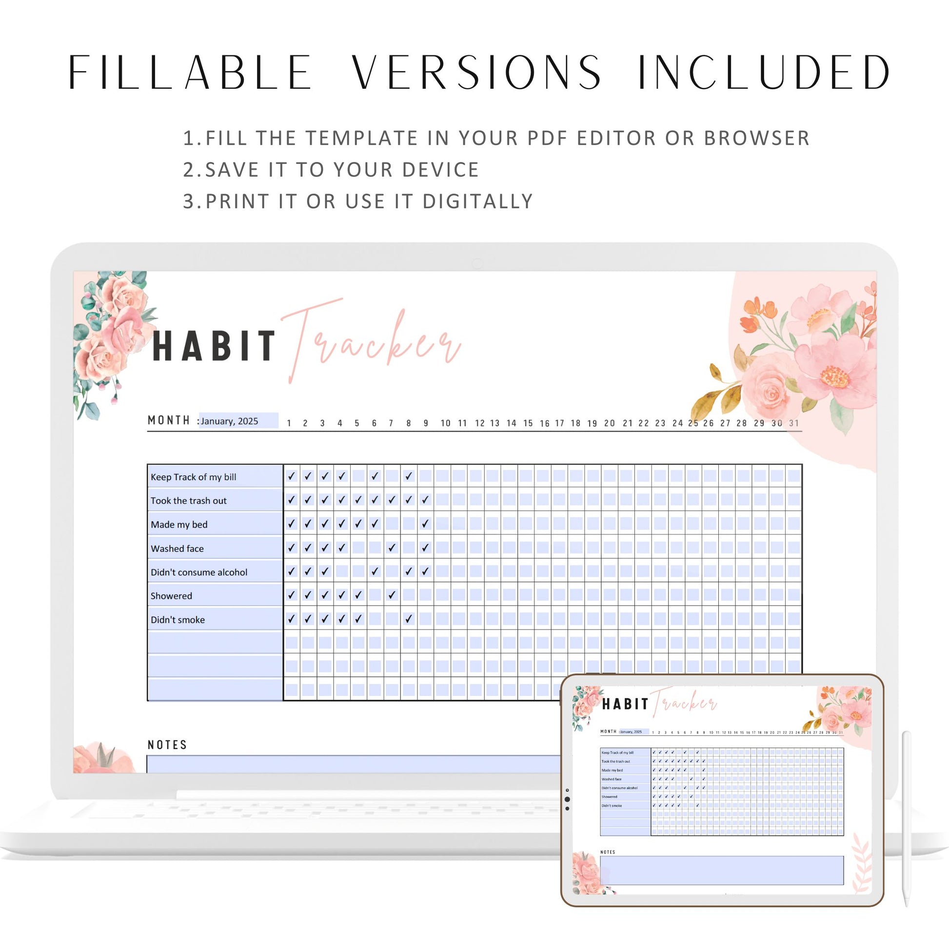 Monthly Habit Tracker Printable, Fillable Habit Tracker, Floral Theme, Landscape, A4, US Letter, Digital Planner, Fillable PDF, Printable Planner