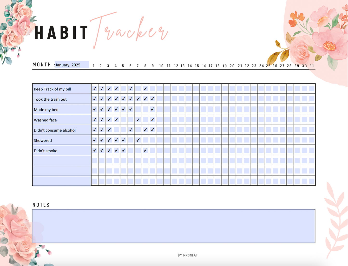 Monthly Habit Tracker Printable, Fillable Habit Tracker, Floral Theme, Landscape, A4, US Letter, Digital Planner, Fillable PDF, Printable Planner