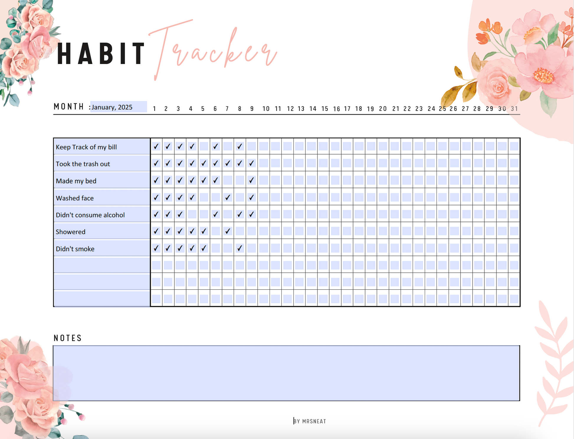 Monthly Habit Tracker Printable, Fillable Habit Tracker, Floral Theme, Landscape, A4, US Letter, Digital Planner, Fillable PDF, Printable Planner