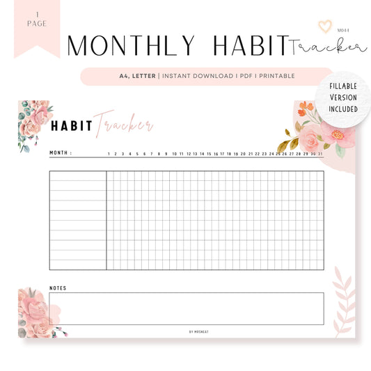 Monthly Habit Tracker Printable, Fillable Habit Tracker, Routine Tracker, Monthly Routine, Monthly Planner, Landscape, A4, US Letter, Digital Planner, Printable Planner