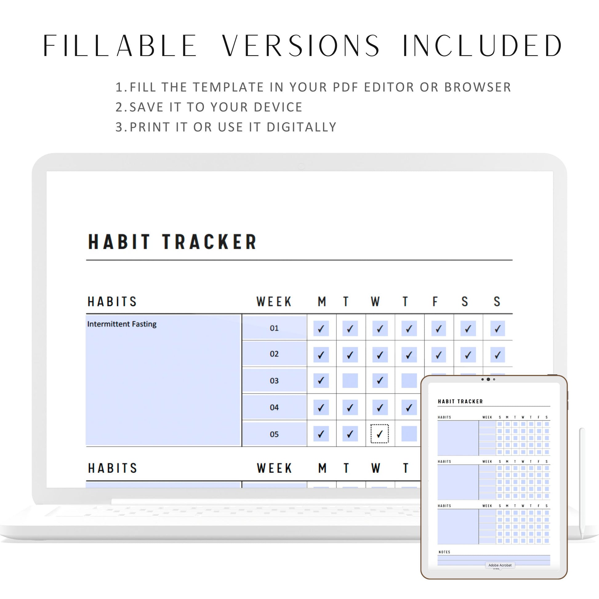 Fillable Daily Habit Tracker Printable, Habit Planner, Weekly Habit Tracker, Habit Checklist,   Daily Routine, A4, A5, Half Letter, Letter, Digital Planner, Fillable PDF, Printable Planner