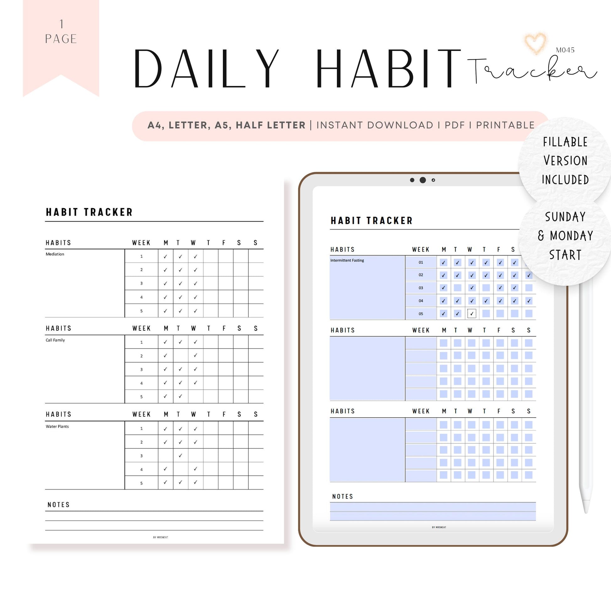 Fillable Daily Habit Tracker Printable, Habit Planner, Weekly Habit Tracker, Habit Checklist, Daily Routine, A4, A5, Half Letter, Letter