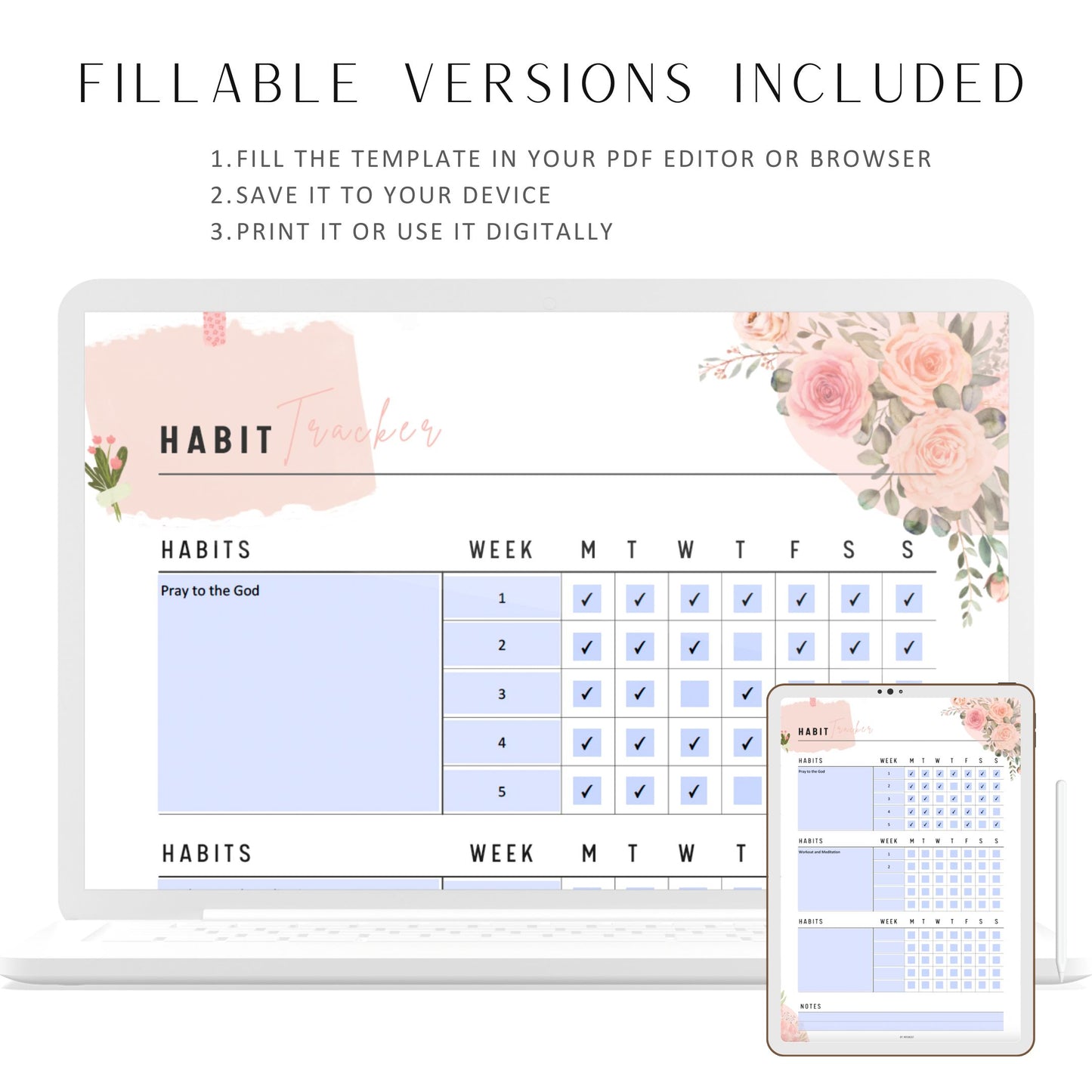 Fillable Daily Habit Tracker Printable, Weekly Monthly Habit Tracker, 30 Day Habit Challenge, Routine Tracker, A4, A5, Half Letter, Letter