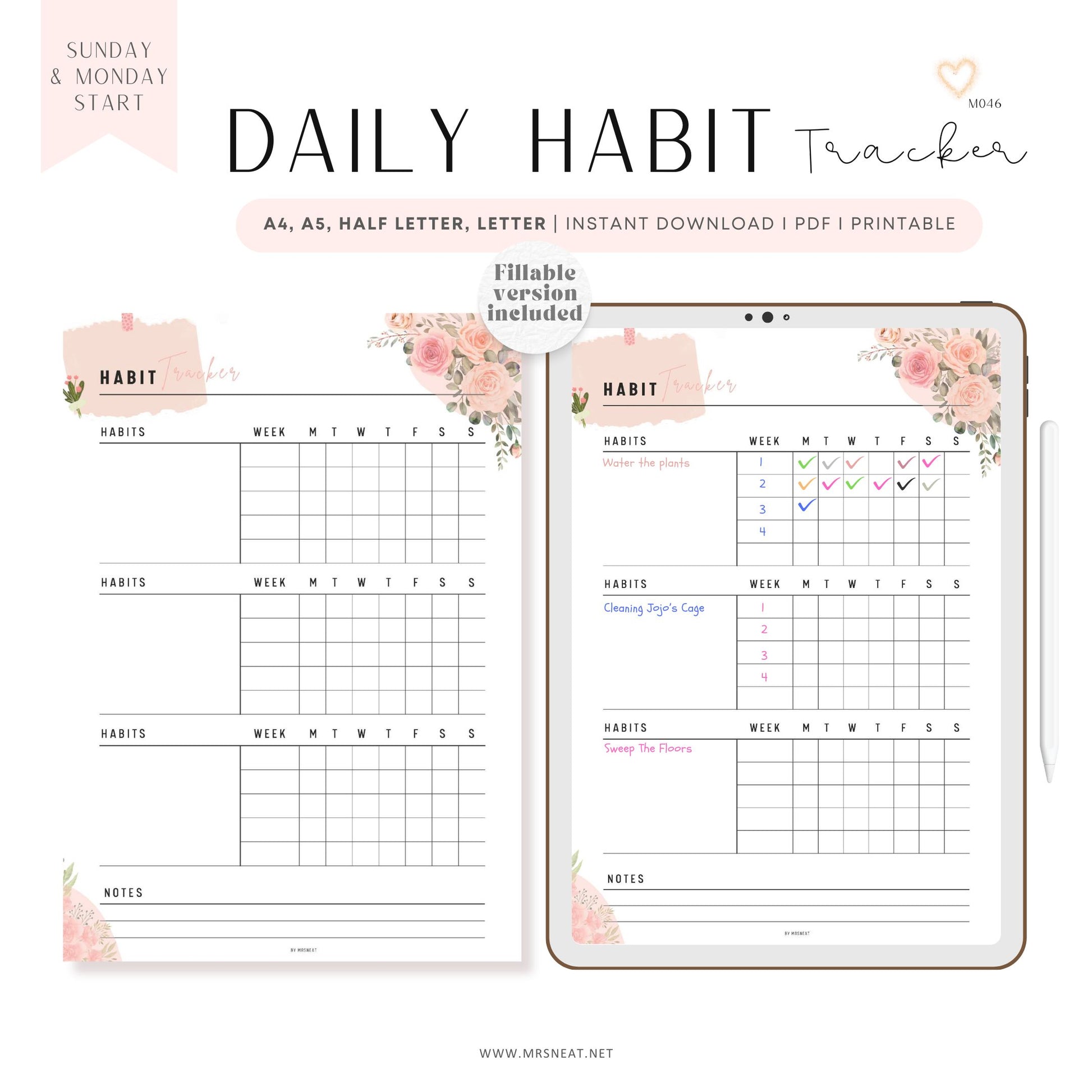 Fillable Daily Habit Tracker Printable, Weekly Monthly Habit Tracker, 30 Day Habit Challenge, Routine Tracker, A4, A5, Half Letter, Letter, Digital Planner, Printable Planner