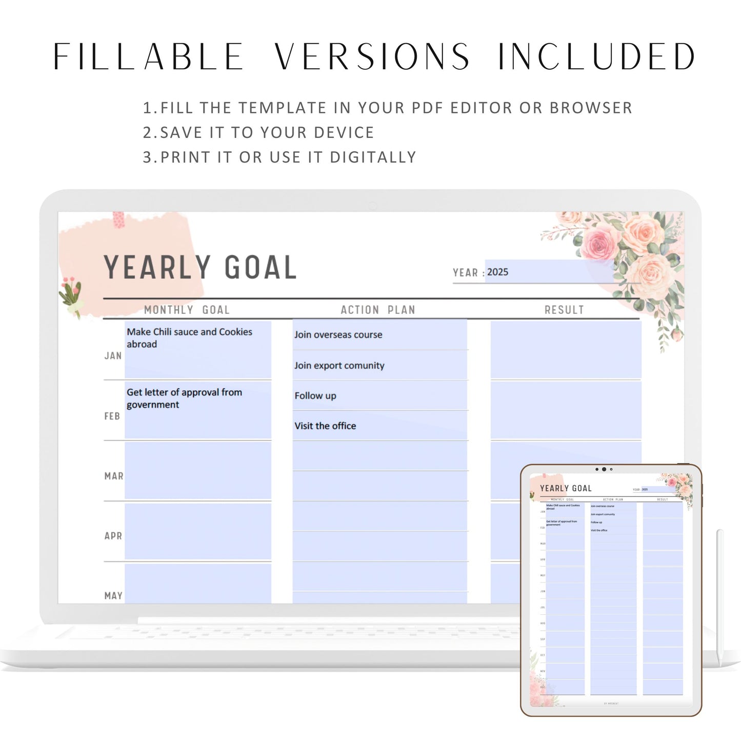 Fillable Yearly Planner, Productivity Planner, Yearly Goals, Yearly Overview, Annual Overview, 12 Month Overview A4, A5, Letter, Half Letter