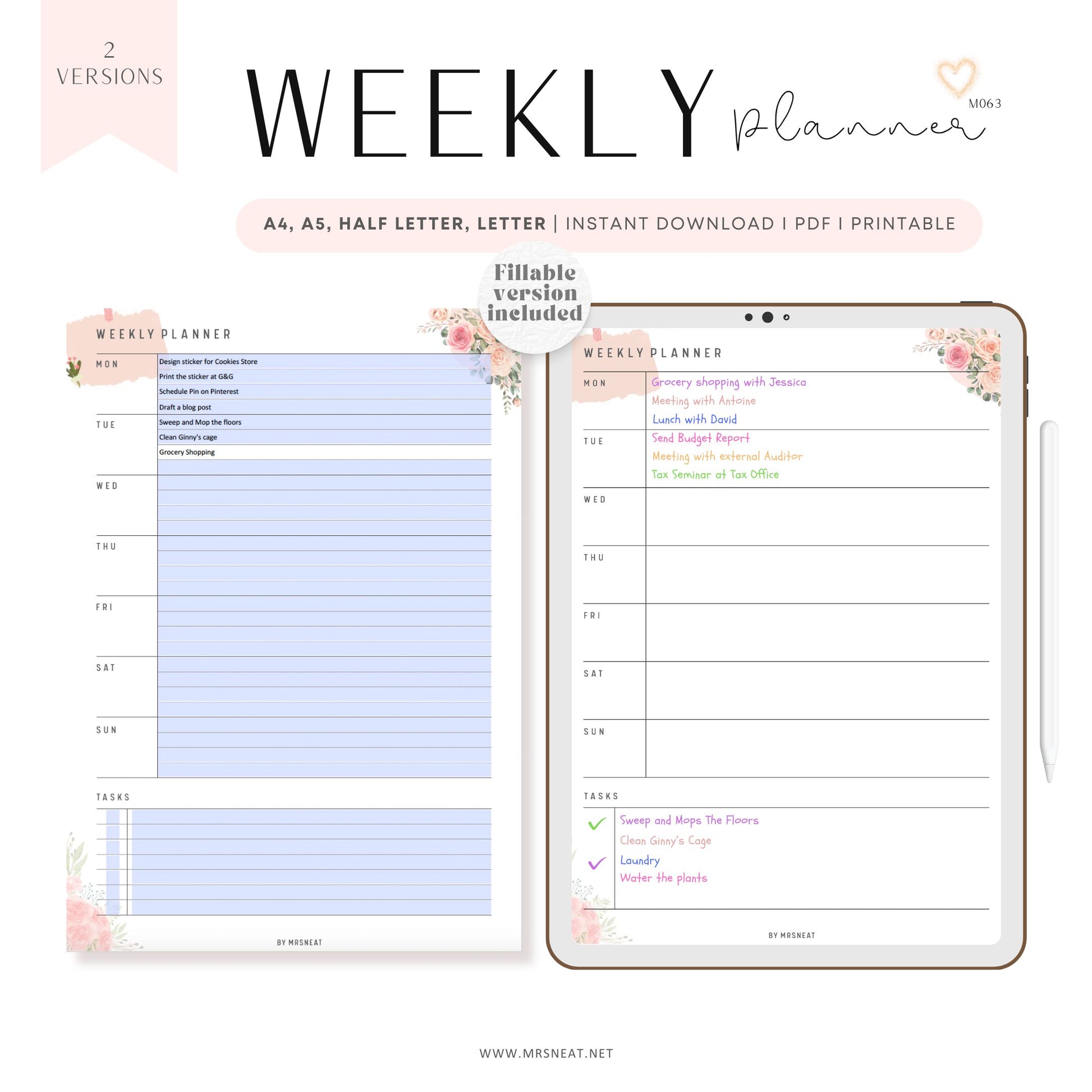 Fillable Weekly Planner Printable, Weekly To Do List, Weekly Schedule, Weekly Organizer, Week at a glance, Weekly Notes, A4/A5/Letter/HL, Digital Planner, Printable Planner, Instant Download