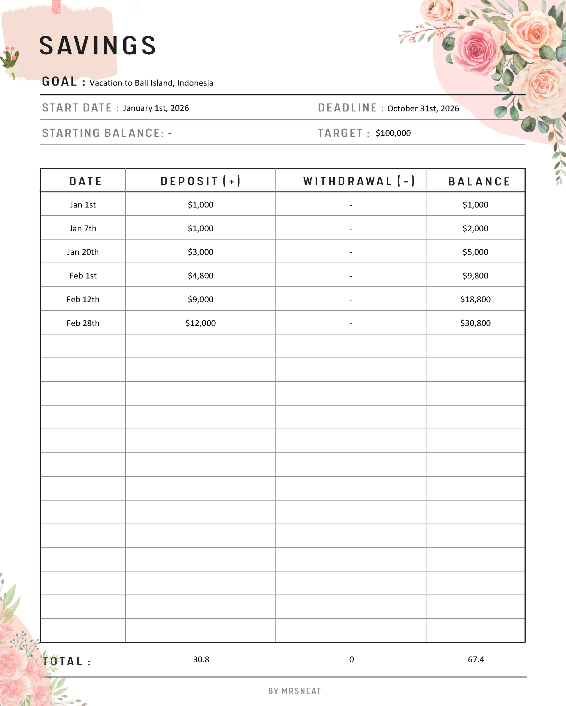 Savings tracker with floral design and financial details