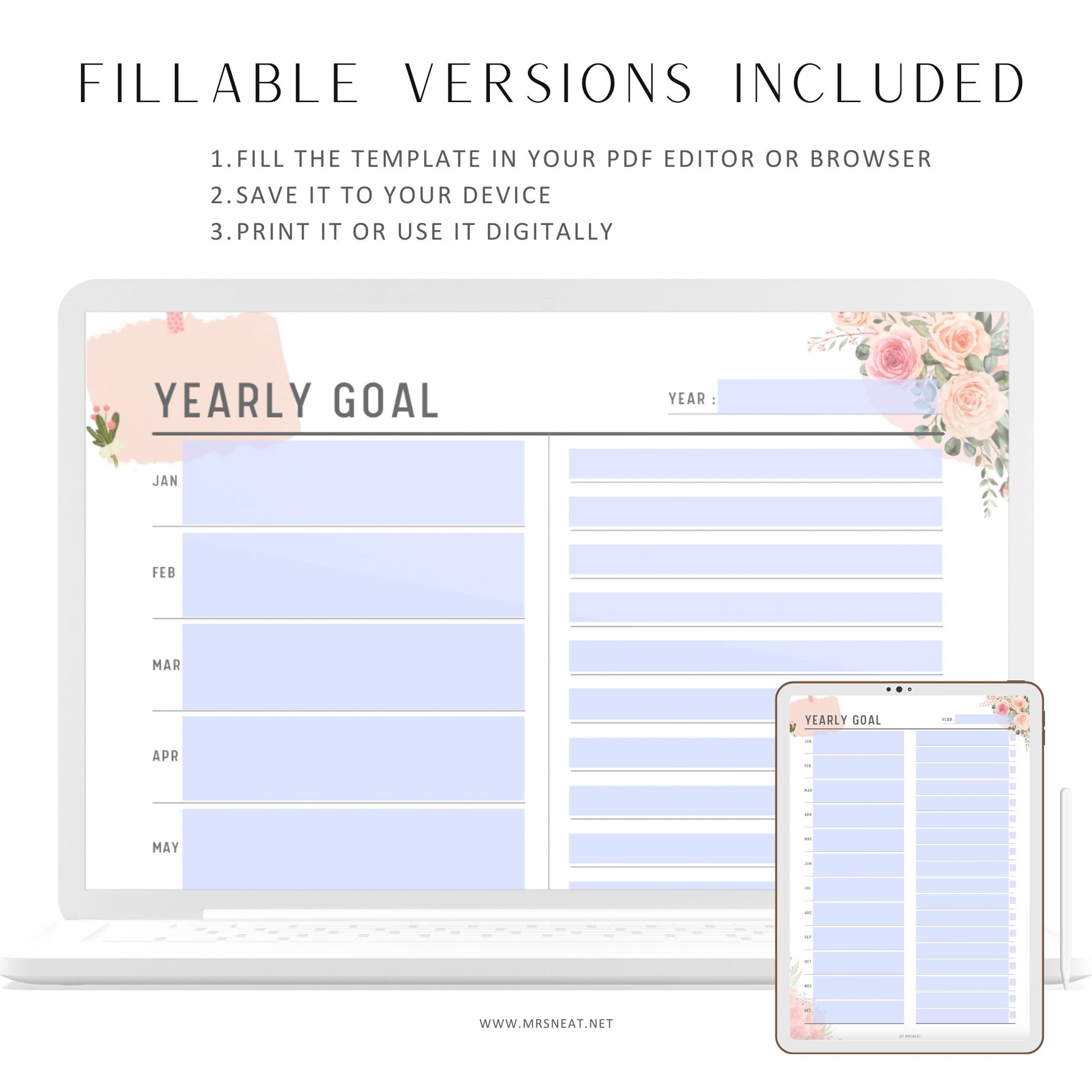 Beautiful Pink Floral New Year Goal Planner in 3 different versions