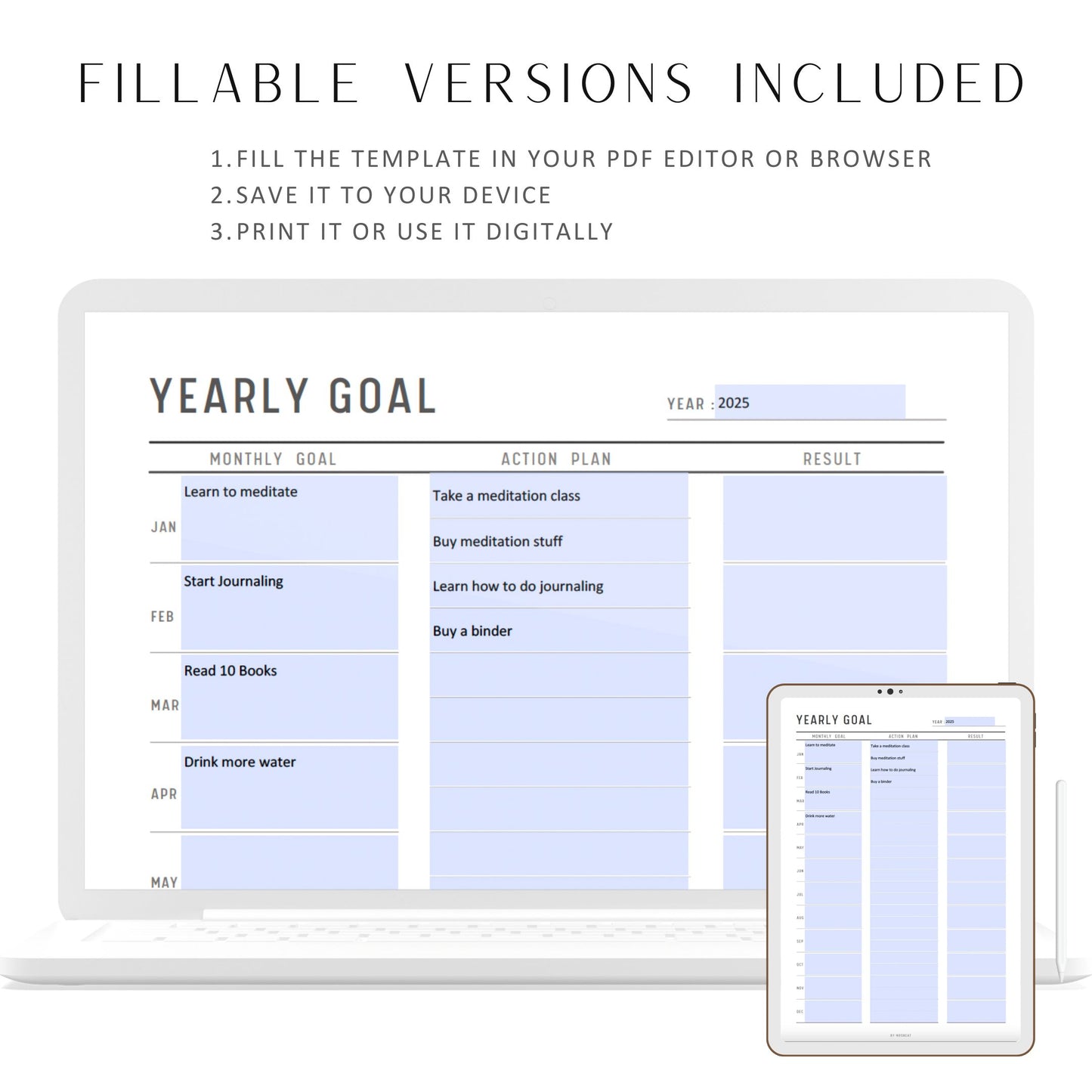 Fillable New Year Goal Planner, Yearly Goal Planner, Yearly Goal Tracker, Yearly Goal Review, Year at a glance, A4, A5, Letter & Half Letter