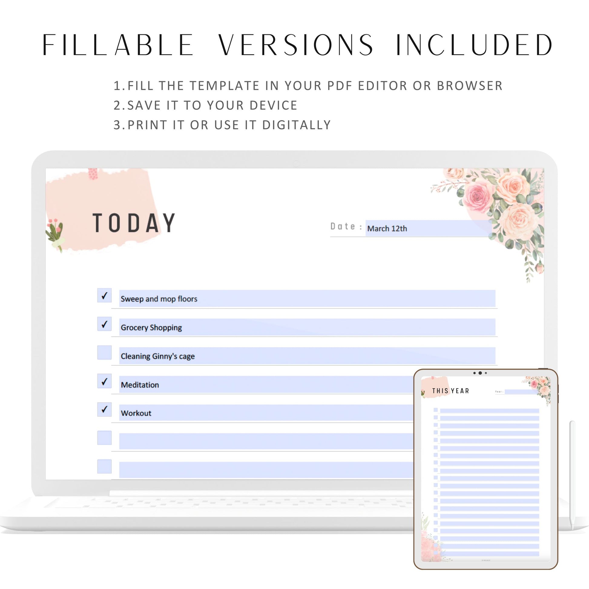 Floral Fillable To Do List Planner Printable Bundle, Daily Weekly Monthly Quarterly Yearly To Do List, A4, A5, Letter, Half Letter, PDF