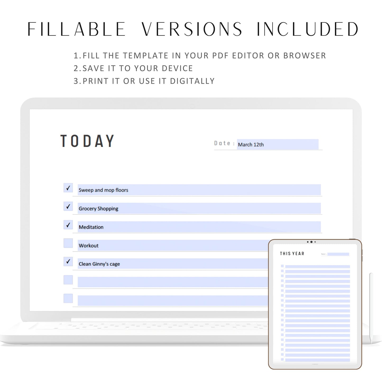 Fillable To Do List Printable, Daily To Do List, To Do List Planner Bundle, Daily Weekly Monthly Quarterly Yearly To Do List, Planner Bundle, A4, A5, Letter, Half Letter, Digital Planner, Fillable PDF, Printable Planner