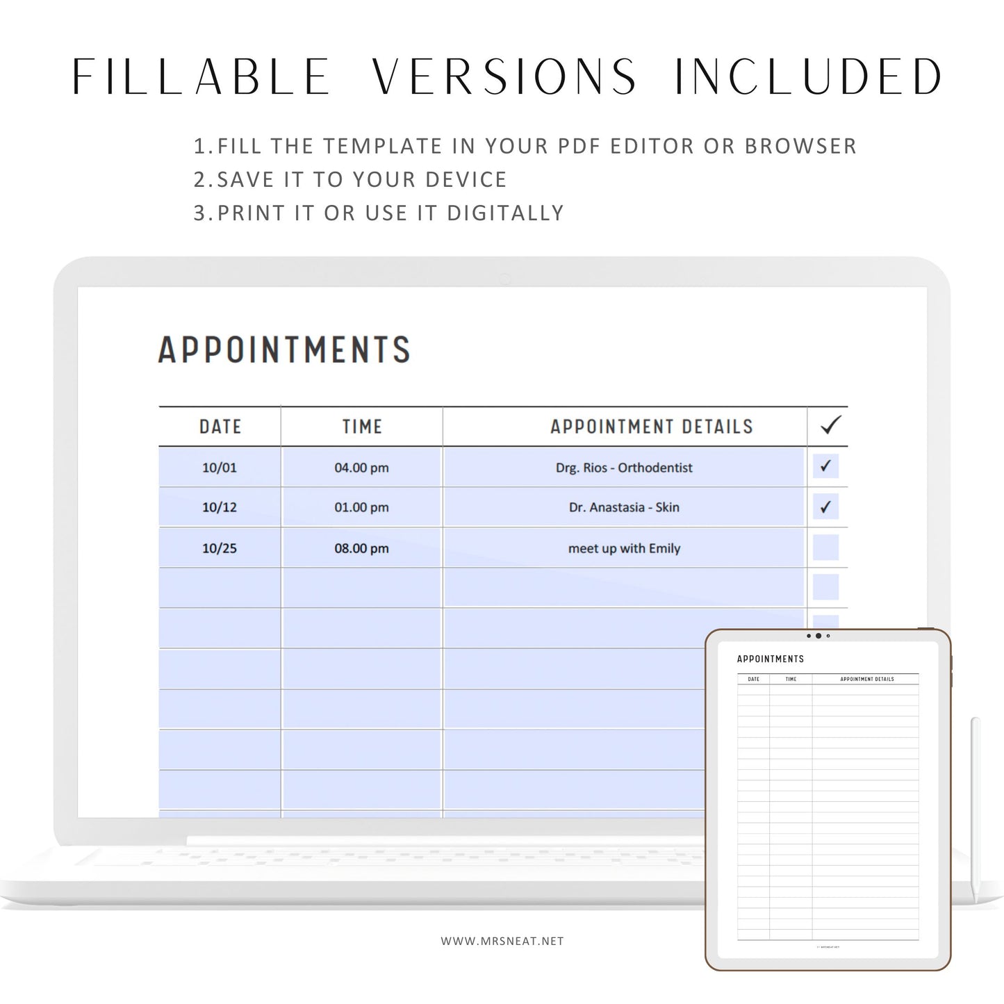 Fillable Appointment Tracker Printable Planner, Meeting Tracker, Meeting Schedule, Doctor Appointment, 2 Versions, A4/A5/Half Letter/Letter