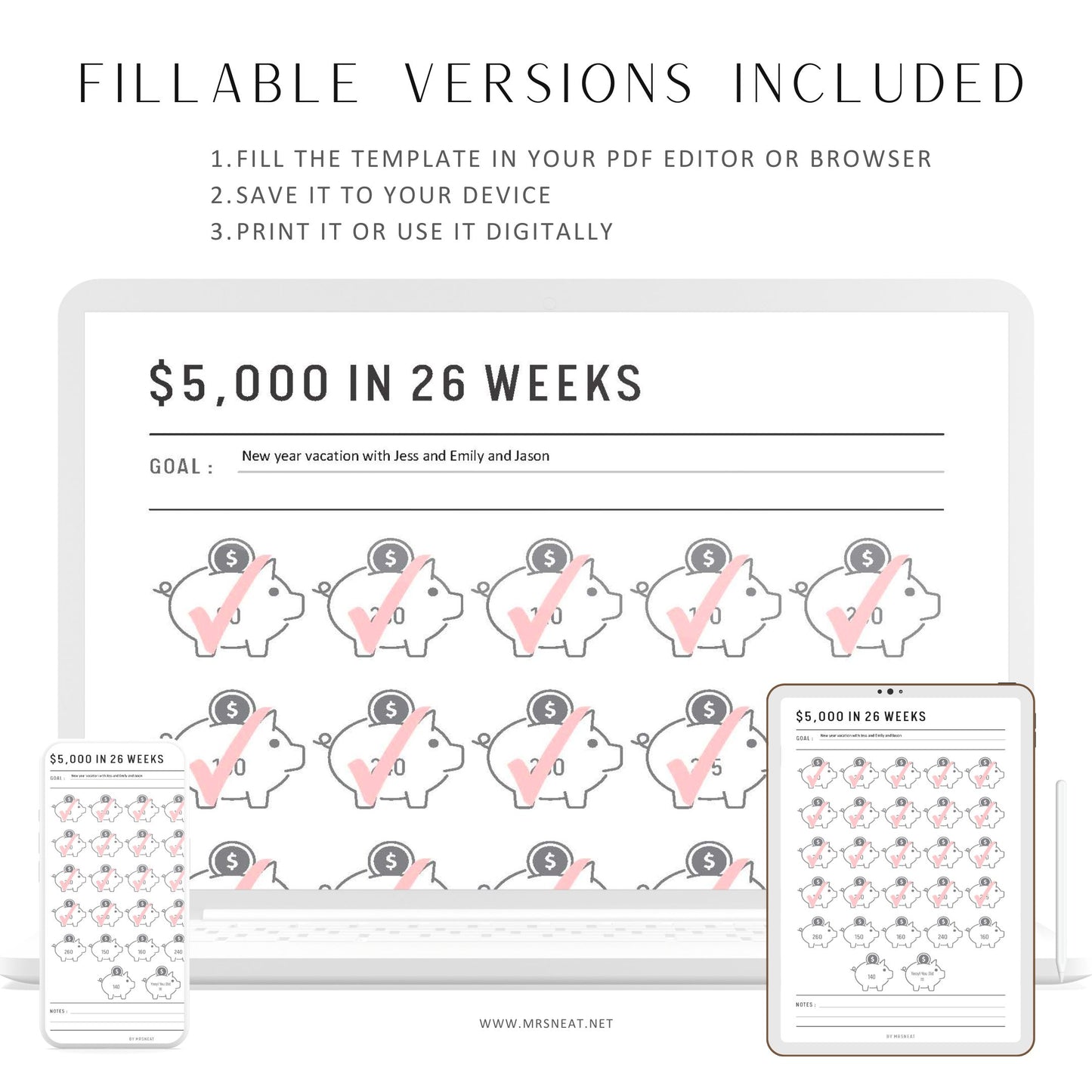 Fillable Savings Challenge Printable, Save 5000 in 26 Weeks, Piggy Bank Money Saving Challenge, Pdf, A4, A5, Letter, Half Letter