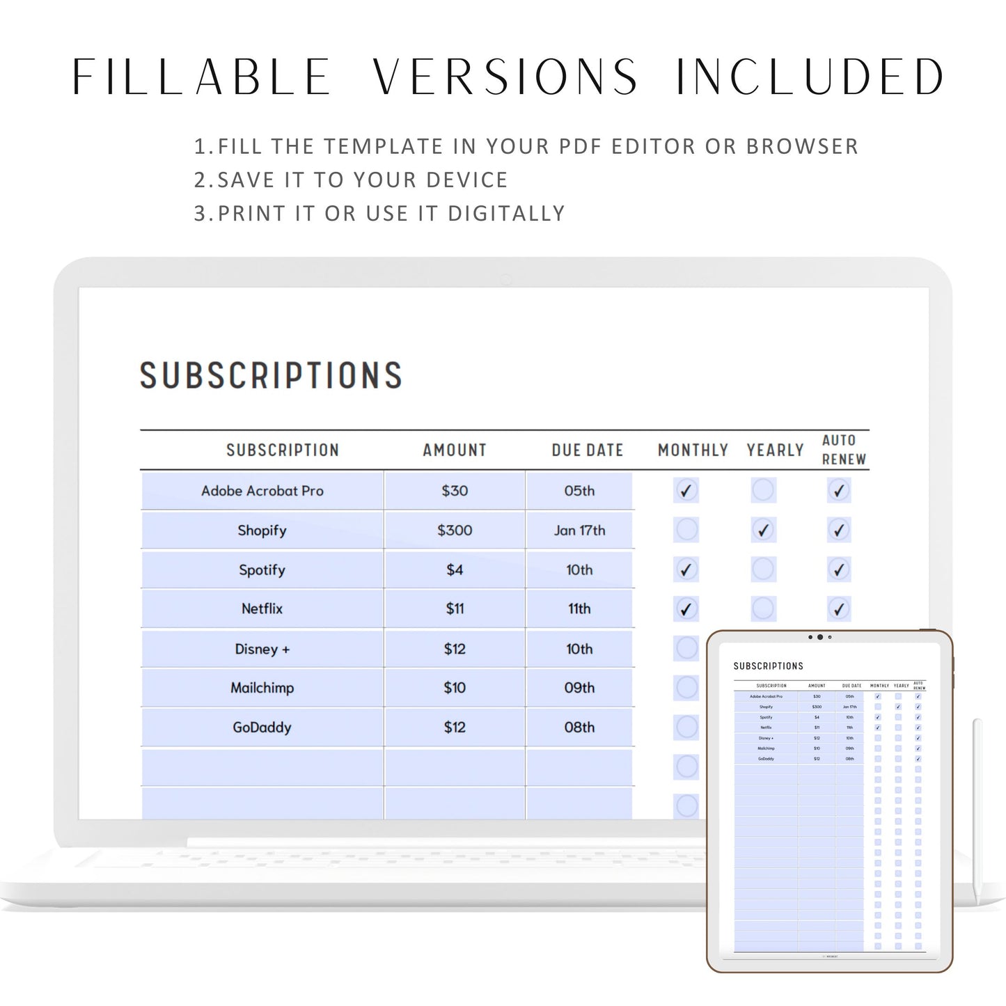 Fillable Subscription Tracker Printable, Expense Tracker, Spending Tracker, Membership Tracker, Subscription Log, A4/A5/Letter/Half Letter