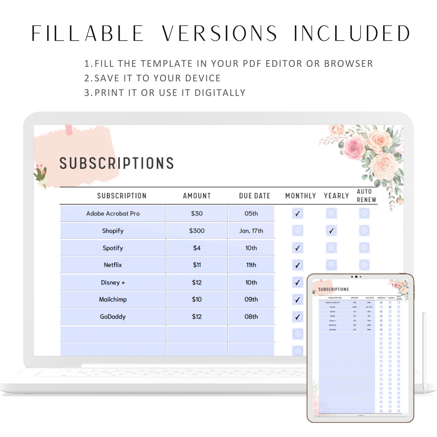 Fillable Subscription Tracker Printable, Membership Checklist, Expense Tracker, Bill Tracker, Spending Tracker, A4, A5, Letter, Half Letter